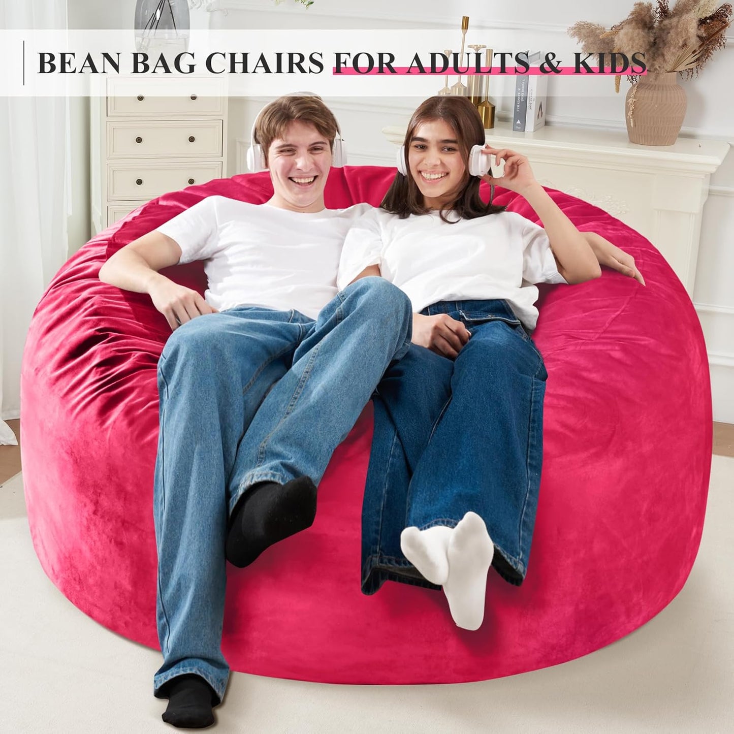 Homguava 5 FT Bean Bag Chair: 5' Bean Bags with Memory Foam Filled, Large Beanbag Chairs Soft Sofa with Dutch Velvet Cover-Pink