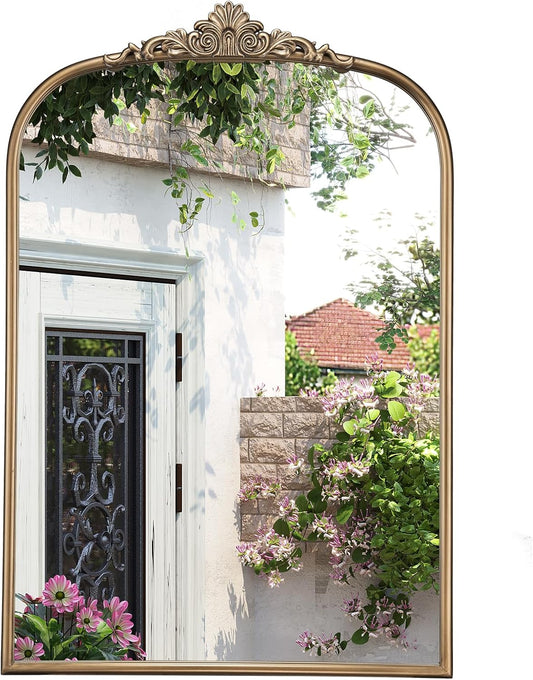 30" x 40" Antique Gold Arched Mirror for Wall, Vintage Brass Bathroom Mirror with Metal Frame, Bronze Ornate Gold Vanity Mirror for Entryway, Mantel, Powder Room