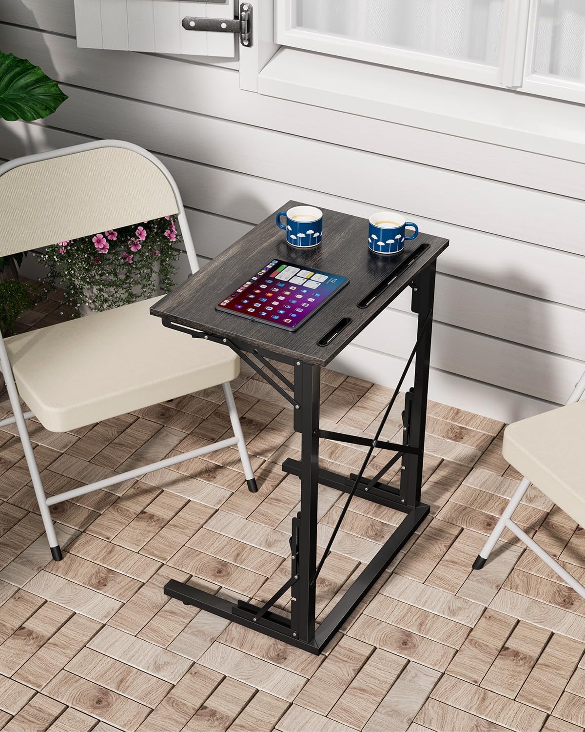 21''Wx28''H Folding TV Tray for Eating, Small Foldable C-Shaped Tray Table with Tablet and Phone Slots, Slide Under Couch Side Table for Recliner, Living Room, Bedroom, Deep Grey