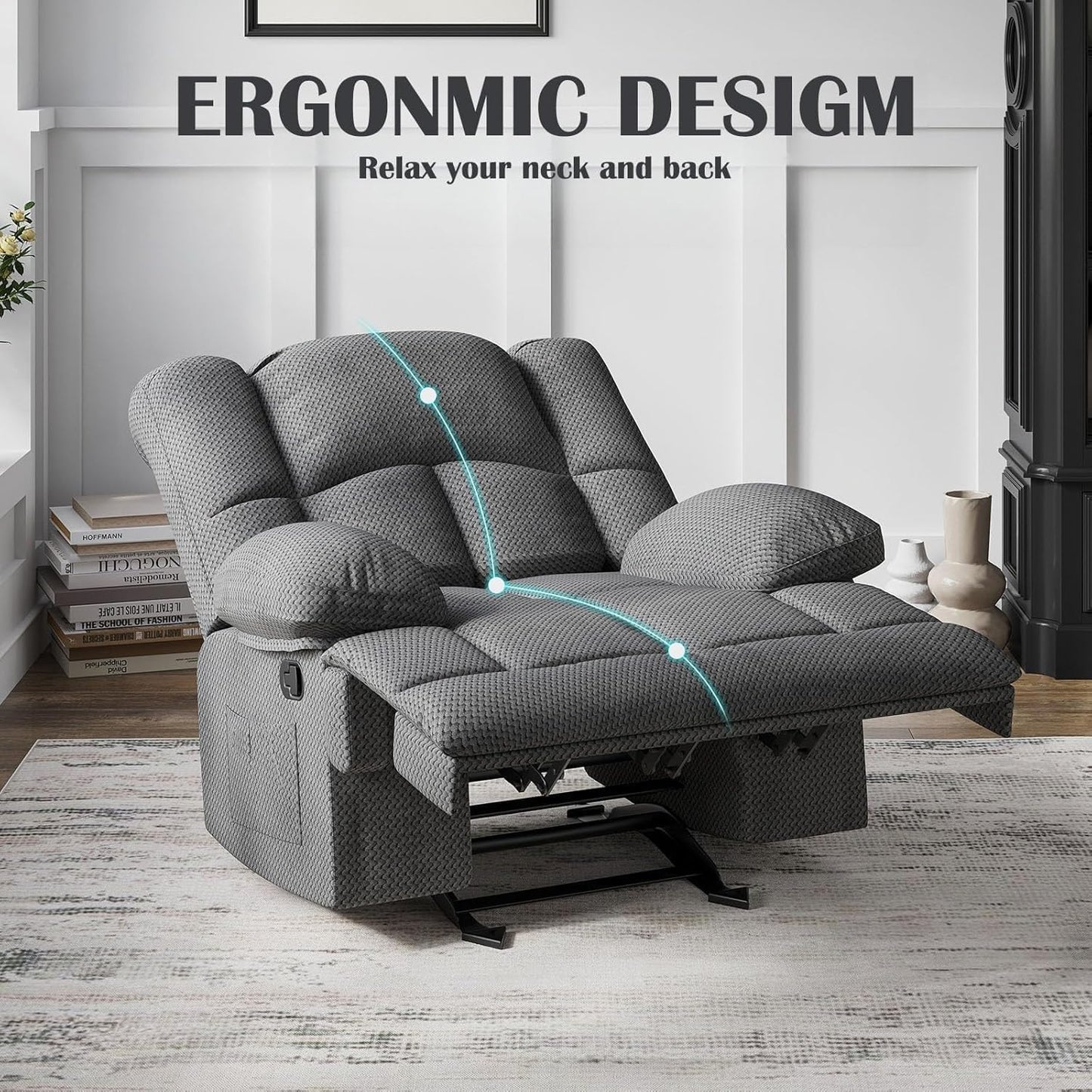 Oversized Rocker Recliner Chair, Wide Rocker Chair with Adjustable Backrest Footrest, Oversized Recliner for Adults, Reclining Sofa for Living Room, Grey
