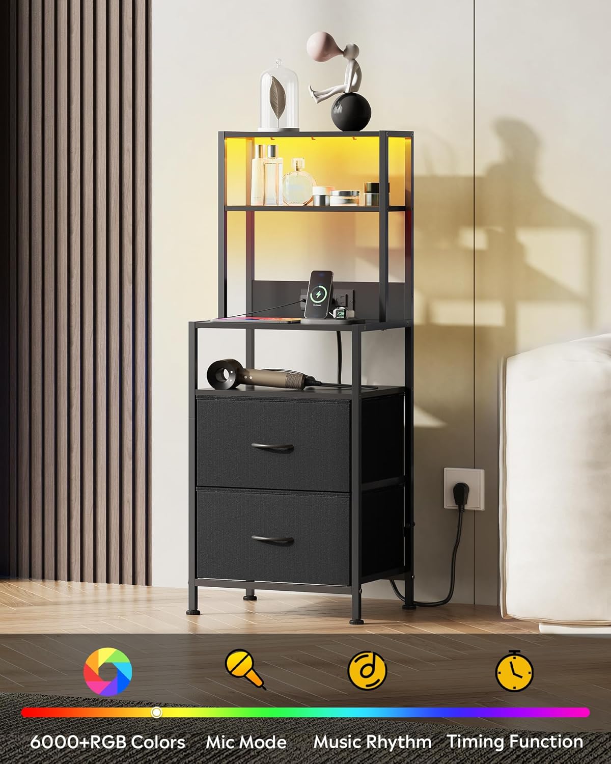 WLIVE Nightstand with Charging Station, LED Night Stand with 2 Drawers and 4 Storage Open Shelves, Fabric Dresser for Bedroom, Black