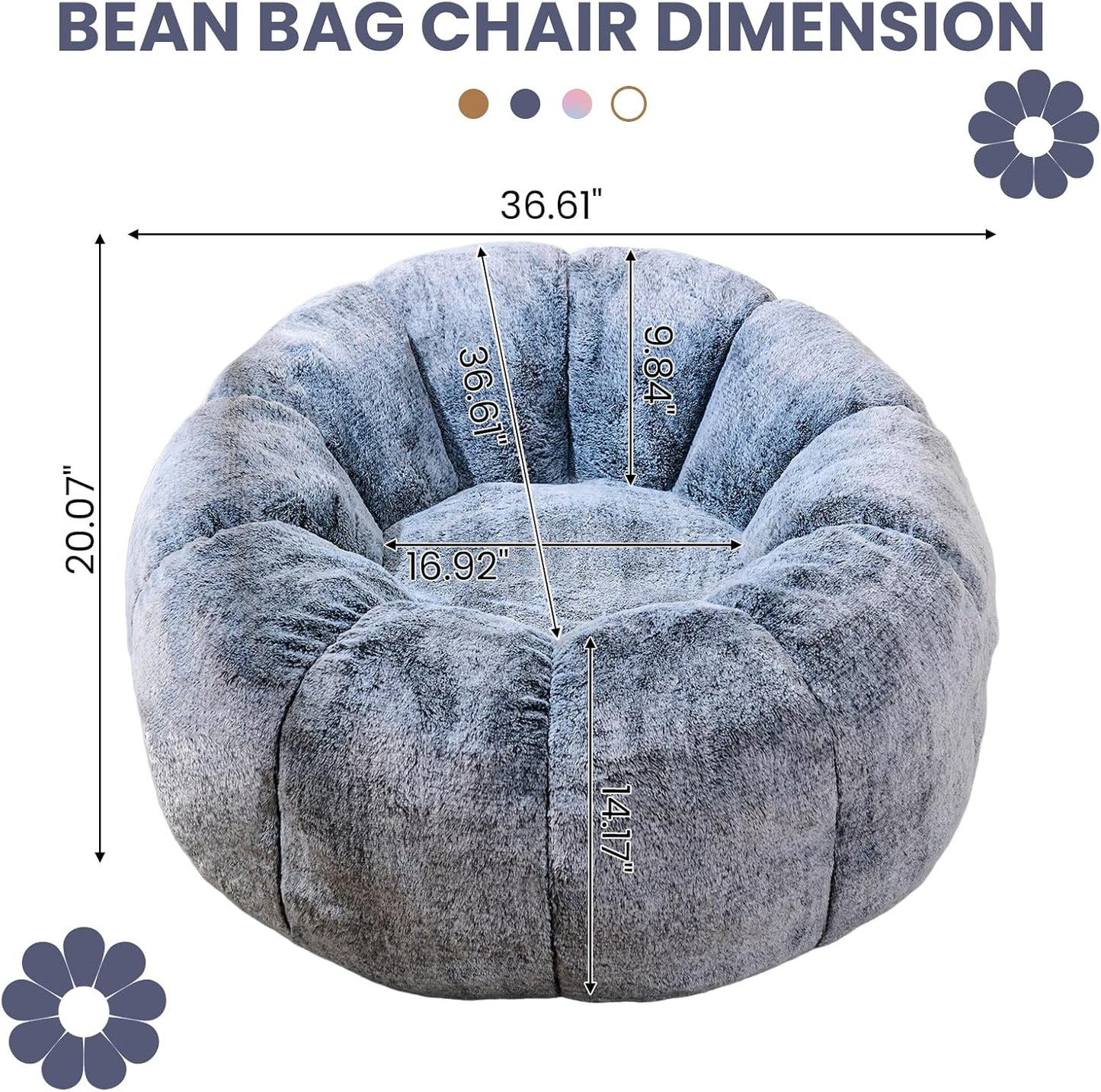Bean Bag Chair with Filler, Faux Fur Comfy Chair with Petal Armrest Fluffy Lounge Chair for Bedroom, Living Room, Dorm, Game - Grey, Large, Low Support
