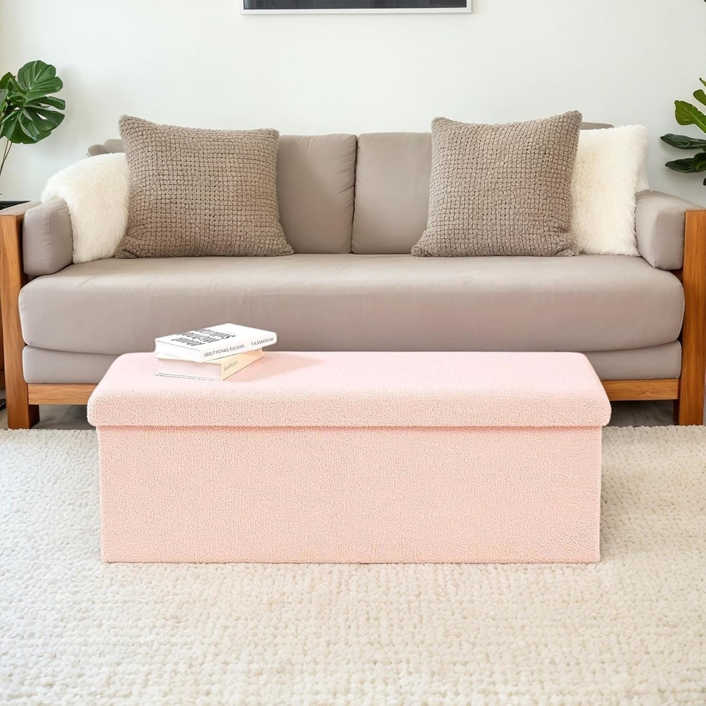 43 Inches Storage Ottoman Bench - Extra Large Foldable Ottoman with Storage, Bench for Living Room, Bedroom, Entryway - Pink