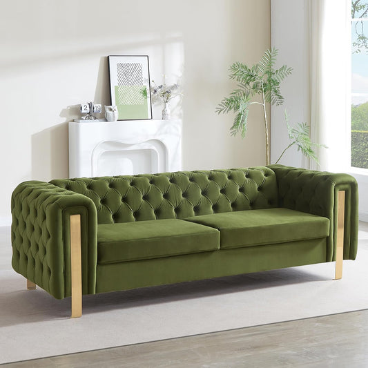 Merax Comfy 3-seat Sofa with Tufted Back and Arm and Gold Iron Legs, Modern Couch for Living Room, Bedroom, Apartment, Office, Green
