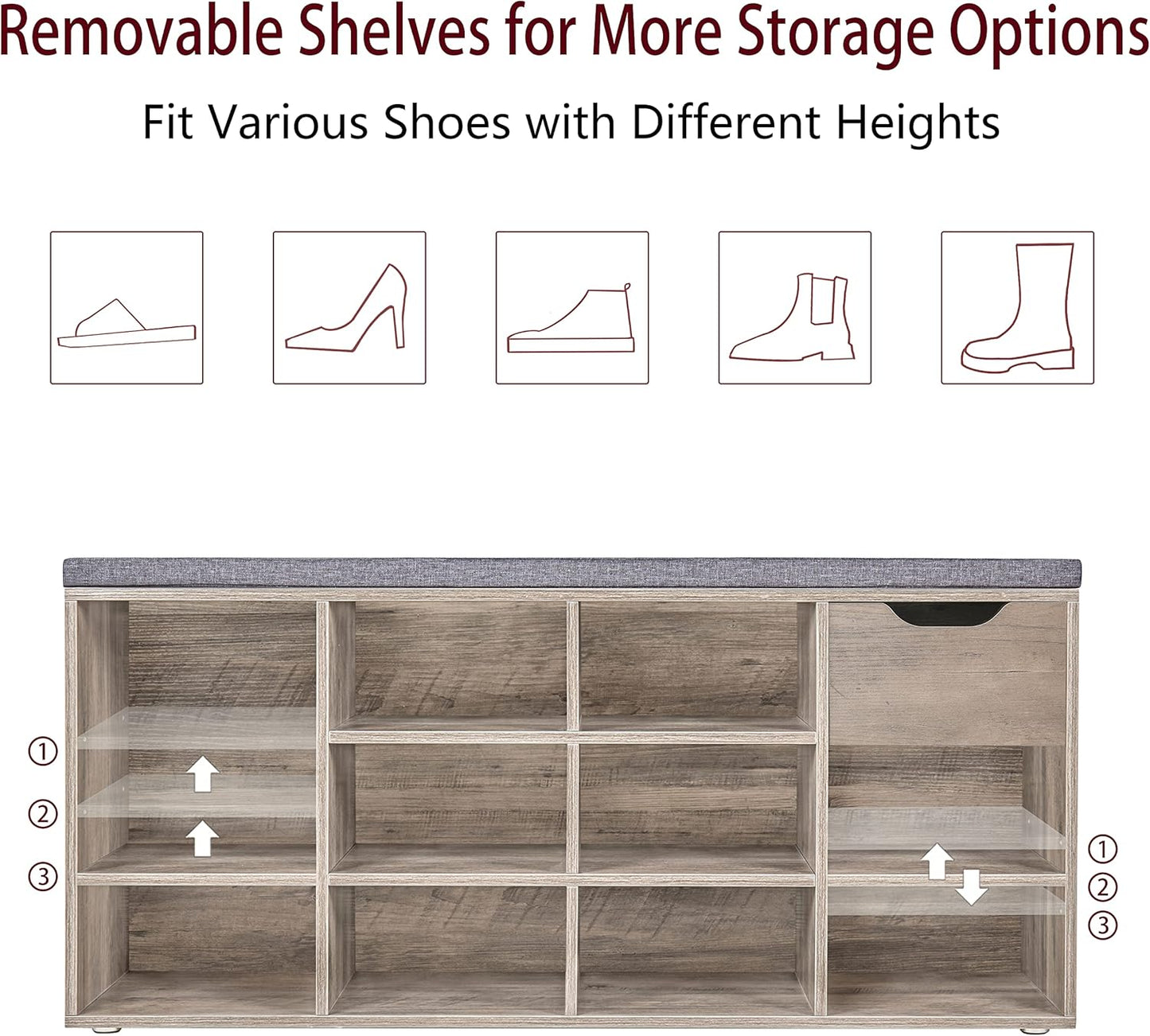 DINZI LVJ Shoe Bench, Entryway Storage Bench with Drawer and 11 Cubbies, Cubby Shoe Rack with Adjustable Shelves, Organizer Cabinet for Living Room, Bedroom, Mudroom, Closet and Garage, Greige