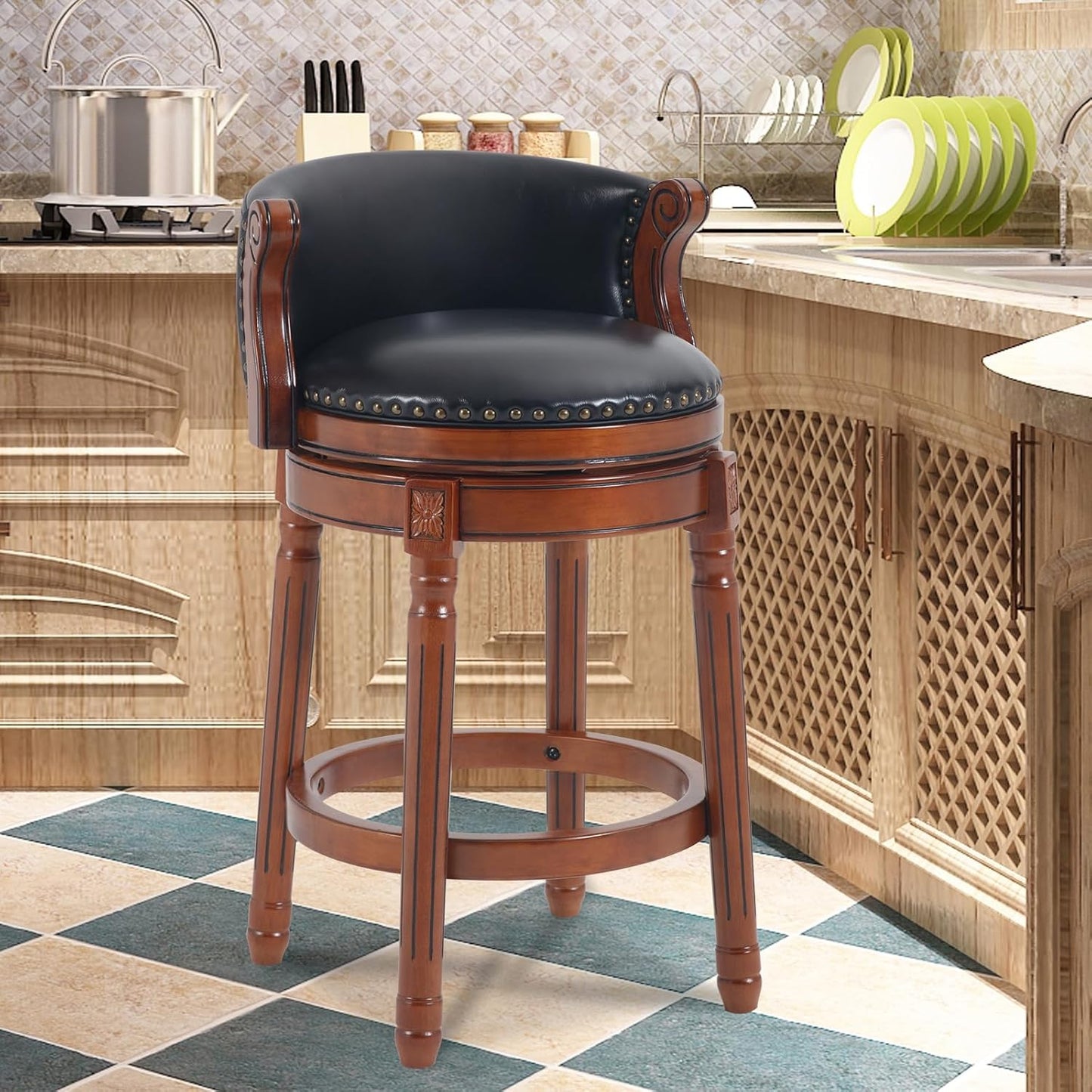 CozyRain Bar Stools Rubber Wood Counter Height Bar Stool Leather Upholstered Swivel Barstools with Back & Footrest for Home,Kitchen,Counter,Dining Room (Black, Seat Height 26 in)
