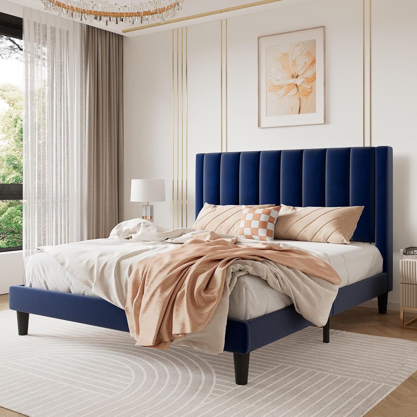 SHA CERLIN Full Bed Frame/Velvet Upholstered Platform Bed Frame with Headboard/Strong Wood Slats Support/Mattress Foundation/No Box Spring Needed - Dark Blue