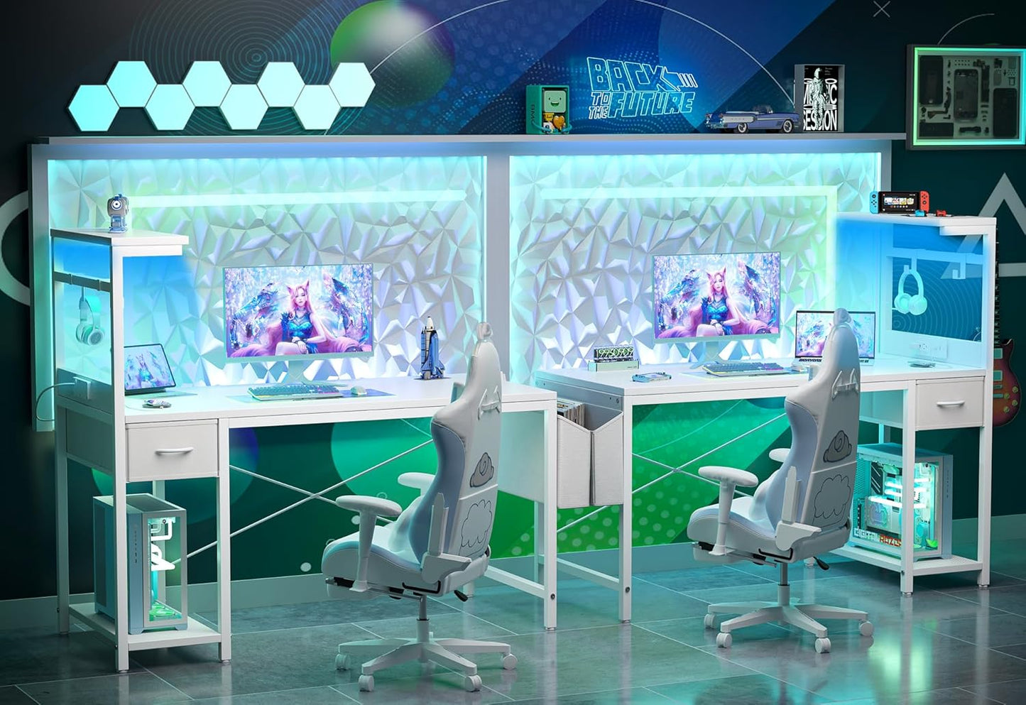 TIQLAB Gaming Desk 55 inch with Power Outlet and LED Light, Computer Desk with Reversible Shelves and Storage Drawer, Small PC Desk for Home Office Table with Bag, Carbon Fiber White