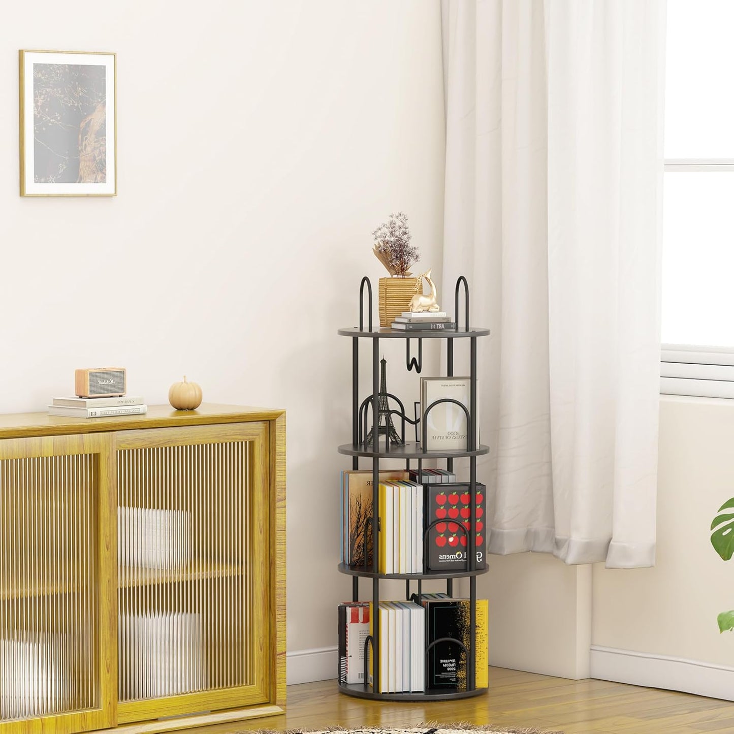 3 Tier Rotating Bookshelf, 360° Spinning Bookshelf Tower, Round Narrow Space Saving for Books and Display, Revolving Bookcase Corner Tall Book Shelf for Small Spaces, Bedroom, Living Room, Black+Black
