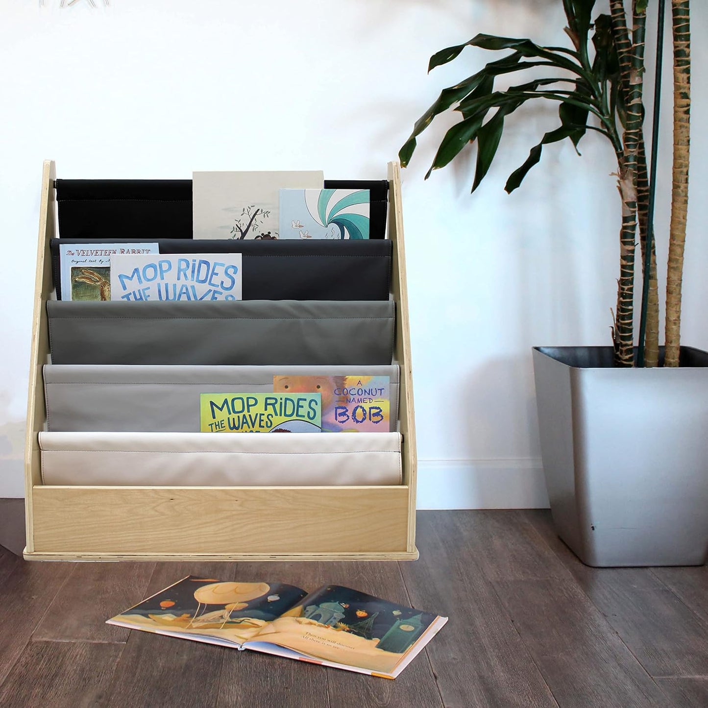 FDP Birch SoftScape Sling Book Display, 4-Shelf Vinyl Storage for Kid's Books and Magazines, Children's Furniture for Bedroom, Playroom, Daycare, Preschool or Classroom - Gray/Light Gray, 13745-GYLG