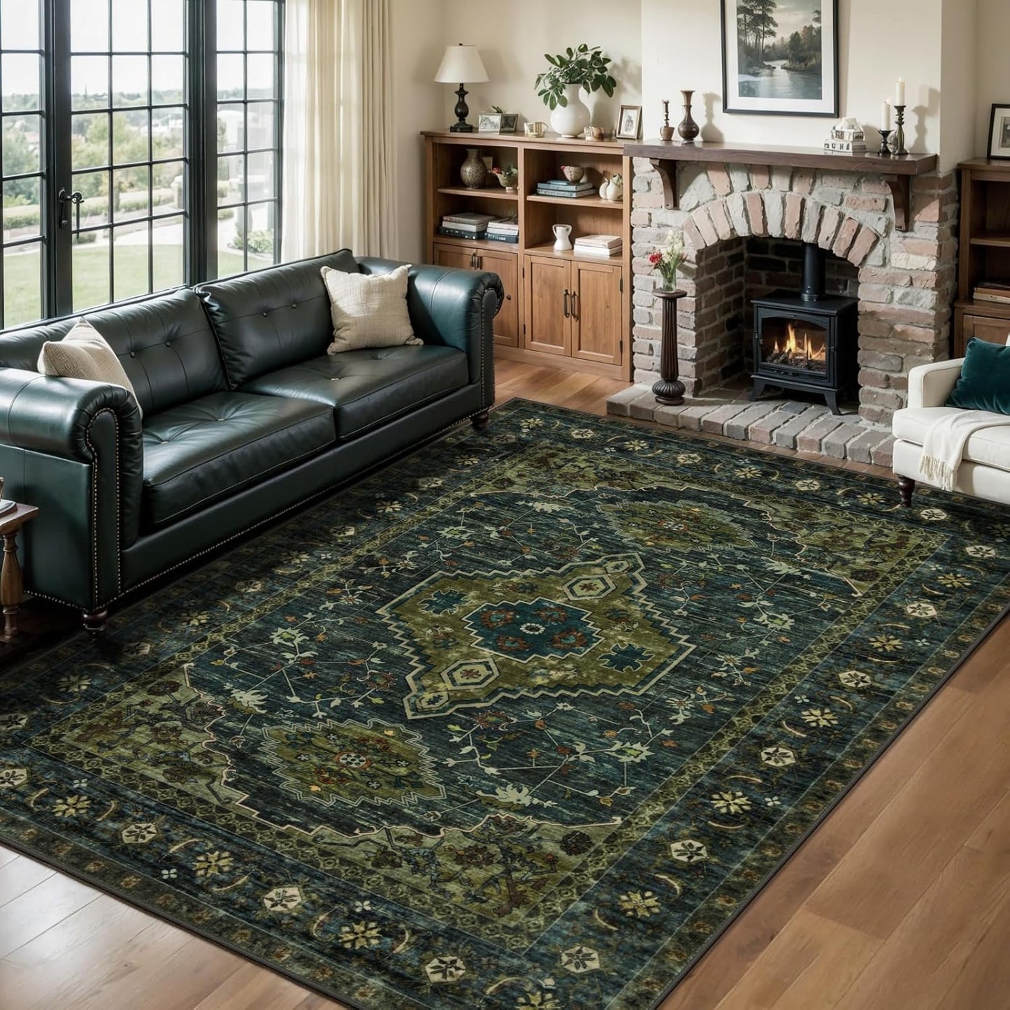 Tangsoo 5x7 Area Rug Washable Rug for Living Room, Vintage Indoor Non Slip Large Area Rugs, Print Distressed Rust Carpet, Soft Low Pile Foldable Floor Rug for Bedroom Dining Room Dorm Olive Green