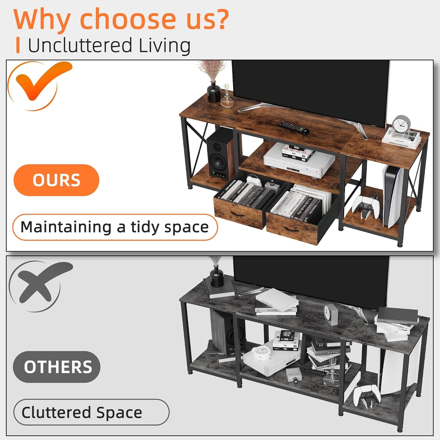 TV Stand with Fabric Drawer - Entertainment Center and Industrial TV Console Table with Open Storage Shelves for Living Room, Bedroom - 55.1" Rustic Brown