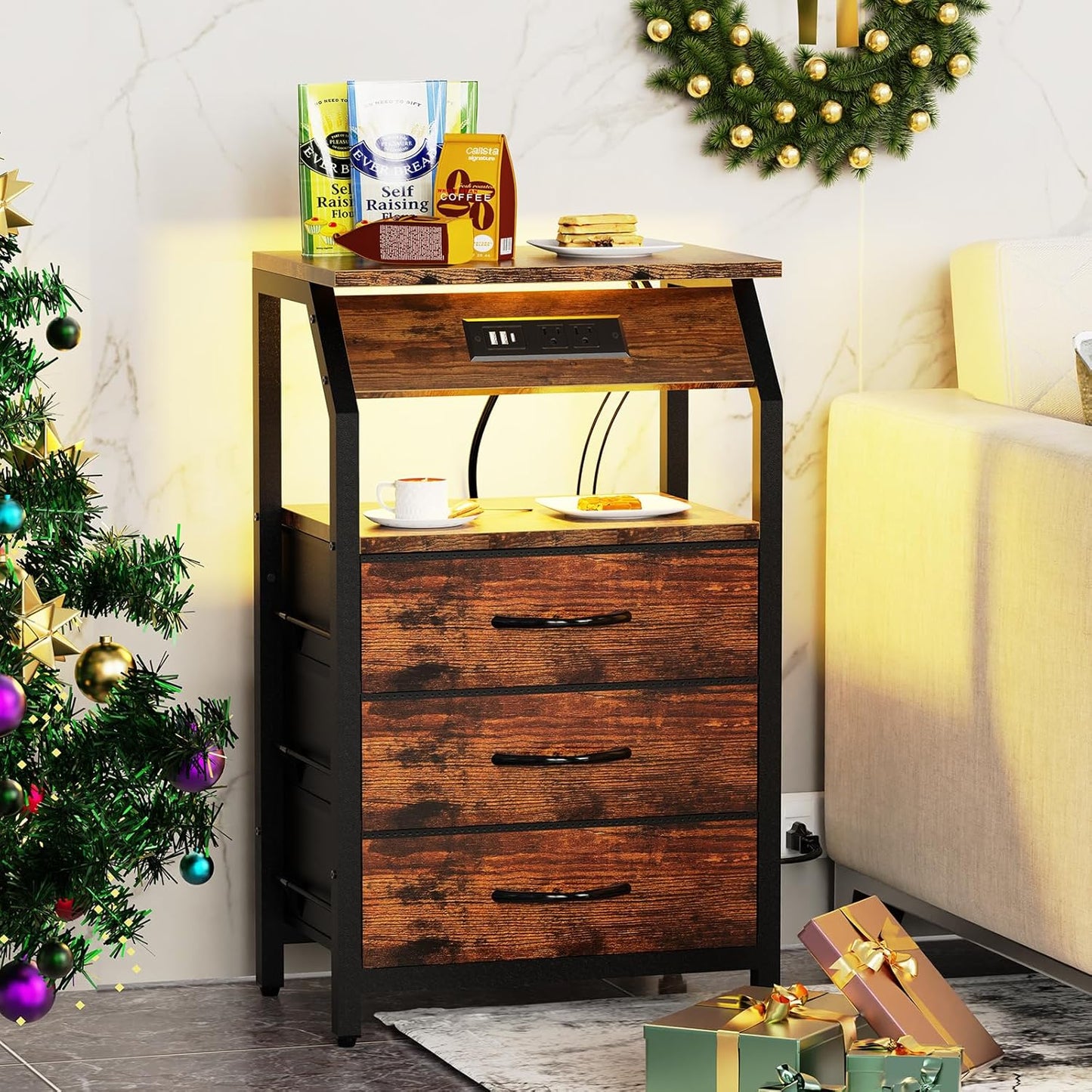 End Table with Charging Station, Nightstand with LED Lights and 3 Drawers, Small Dresser with Fabric Storage, Retro Side Table for Bedside, Living Room Dorm, Rustic Brown