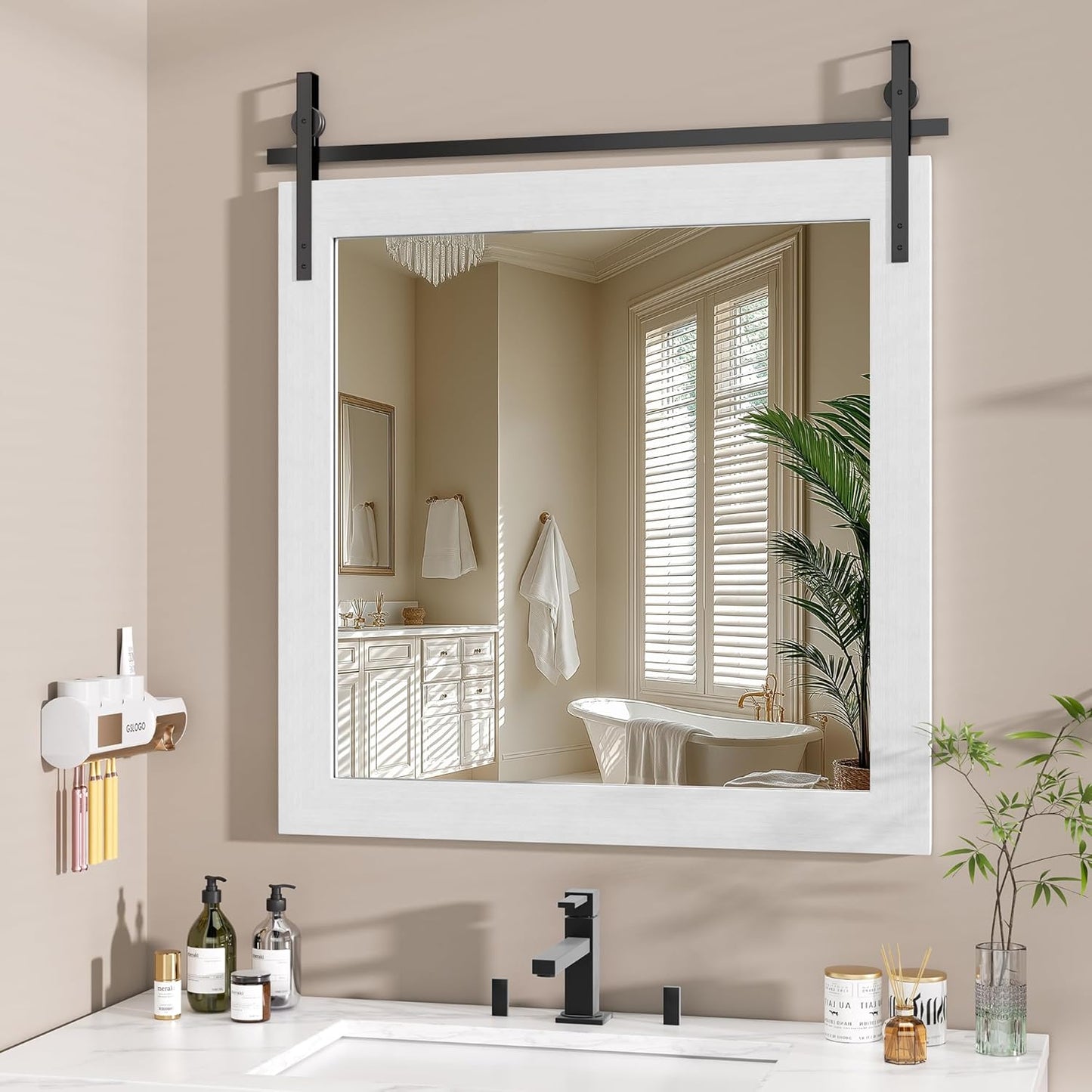 Hasipu Farmhouse Bathroom Mirror, 31"x31" Rustic Wood Framed Wall Mounted Mirror, White Vintage Vanity Mirror Barn Door Style Decrative Mirrors