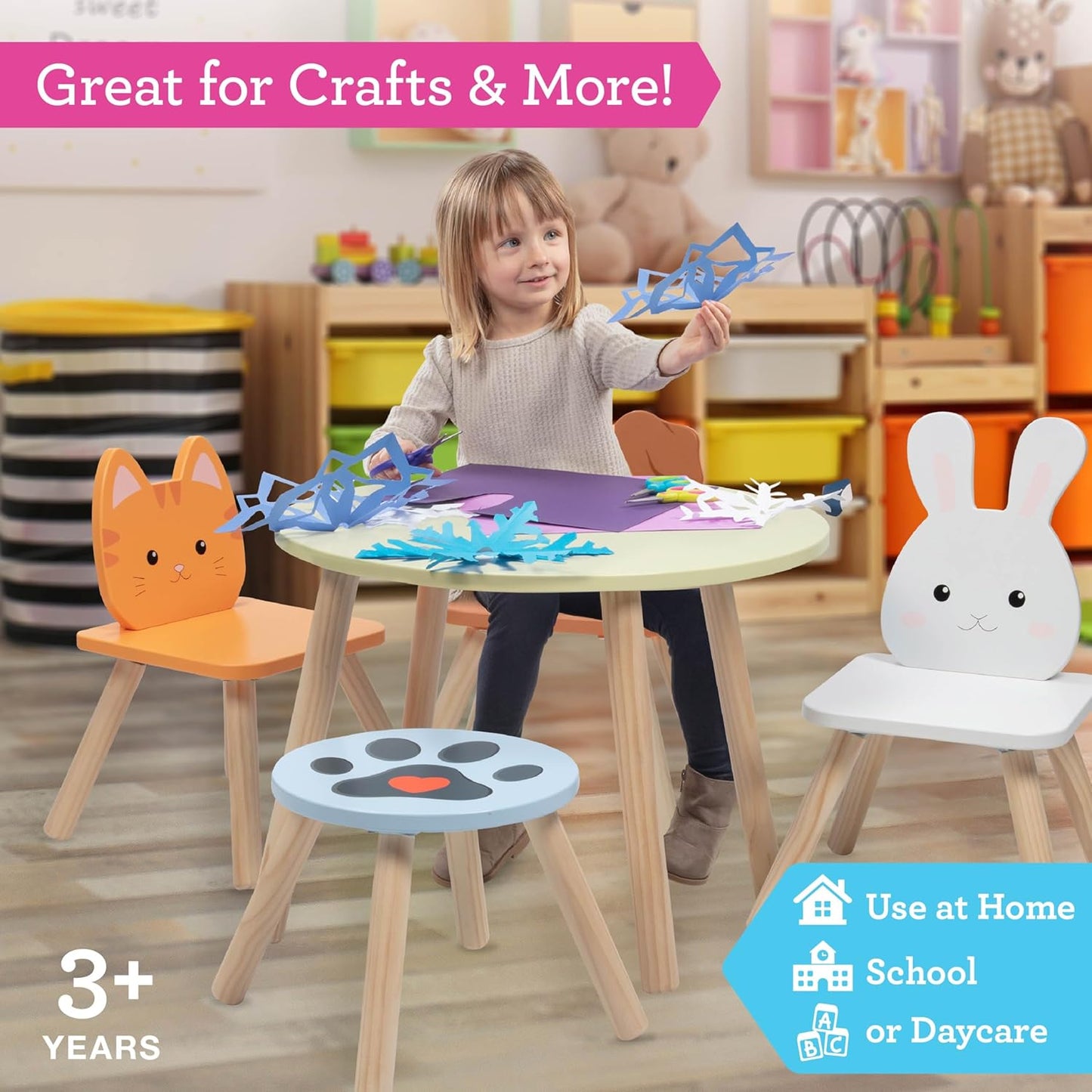 Kids Wooden Animal Table & Chair Set w 4 Seats- Puppy Kitten Bunny Plus Adult Stool for Arts Crafts Activity, Dining, Pretend Play- Durable Playroom Furniture for Home, Daycare Classroom- Toddler Gift