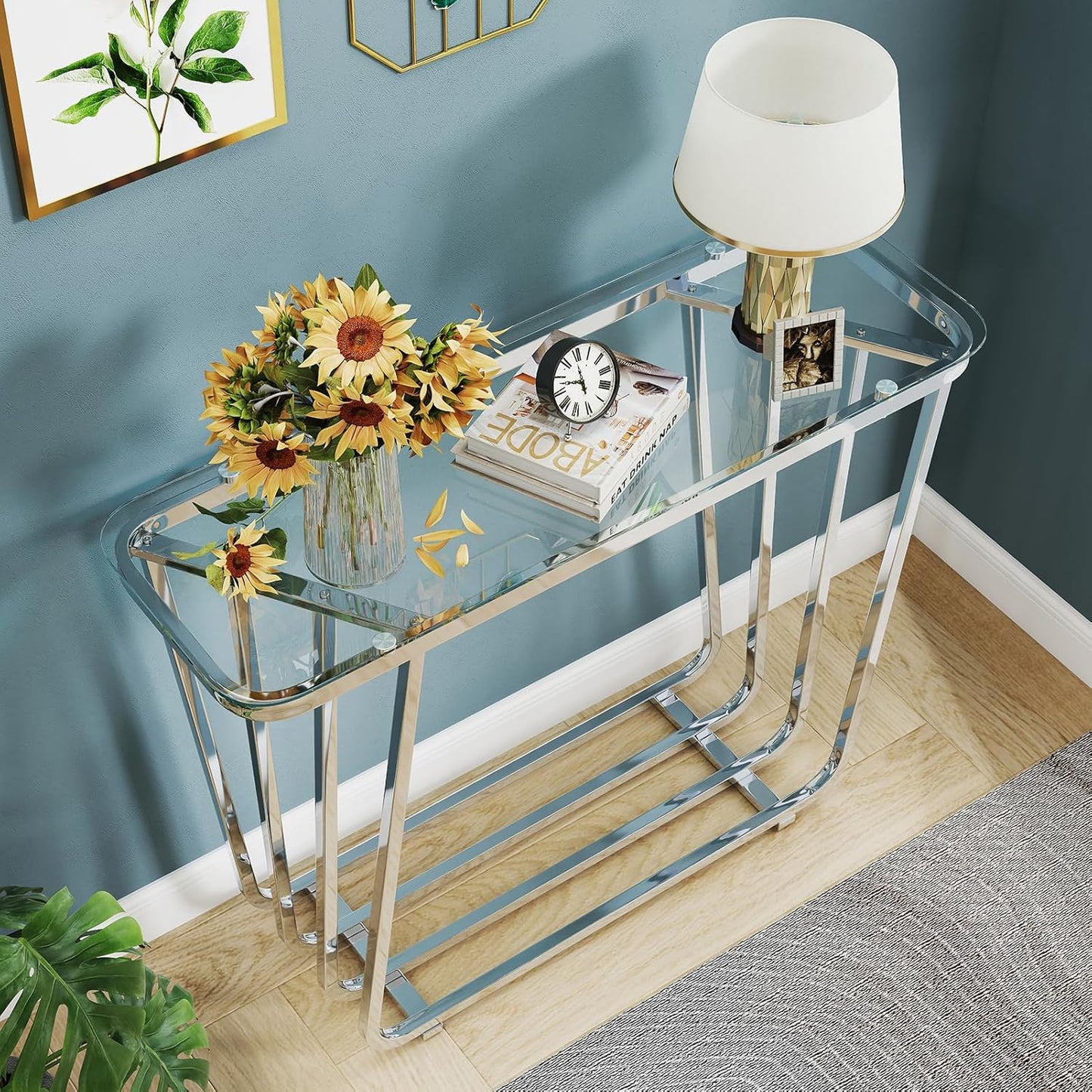 OIOG Glass Console Table for Entryway, Modern Entrance Table with Tempered Glass & Chrome Frame, Silver Sofa Table for Living Room Hallway
