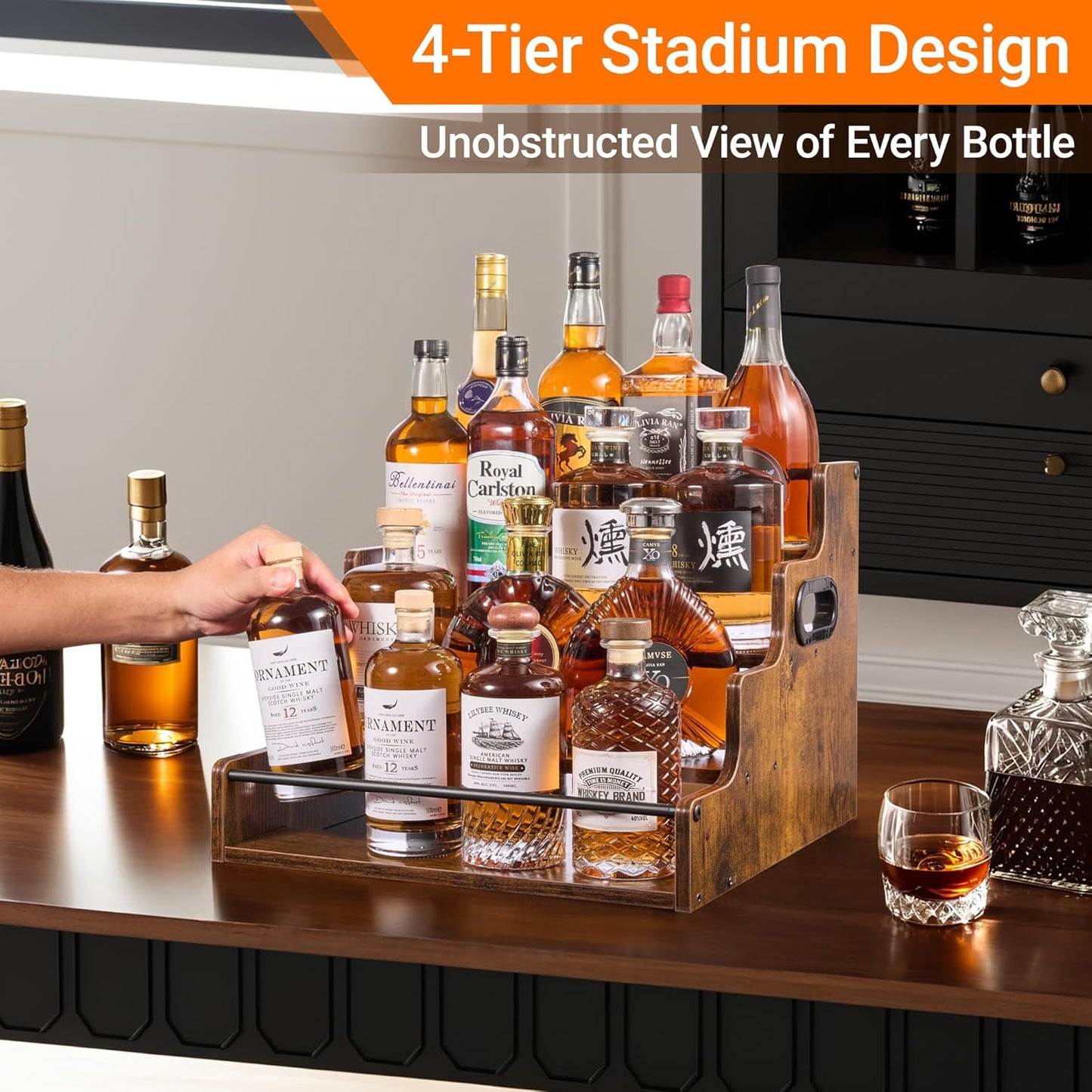 4-Tier Liquor Bottle Display Shelf, Holds up to 16 Bottles, Extra Large Rustic Bar Shelves for The Home Bar, Countertop Whiskey Organizer with Handles