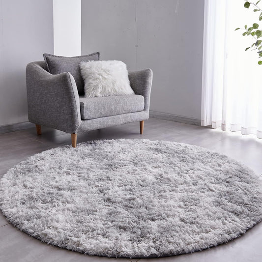 FJZFING Tie-Dyed Light Grey Round Rug Ultra-Soft Plush Modern 4x4 Circle Area Rug for Kid's Bedroom, Fluffy Shag Circular Rug for Nursery Room, Non-Slip Tie-Dyed Light Grey Rug for Teen's Room