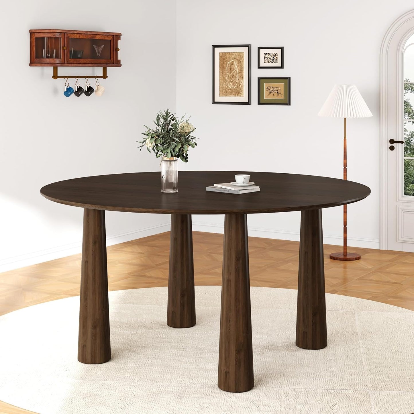 Casaphoria 59" Round Dining Table, Kitchen Table for 6 with Arc-Shaped Edge Top and Cylindrical Legs, Easy Assembly for Living Room, Dining Room, Walnut