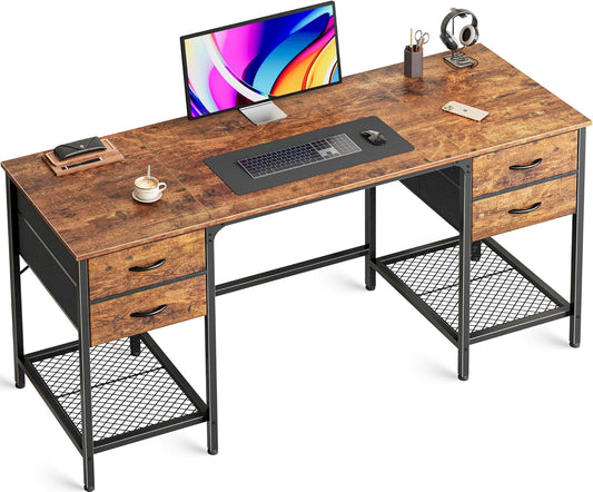 Huuger 55 Inch Computer Desk with 4 Drawers, Office Desk with Mesh Shelf, Gaming Desk, Large Storage, Writing Desk Work Desk for Home Office, Study, Bedroom, Work from Home, Rustic Brown