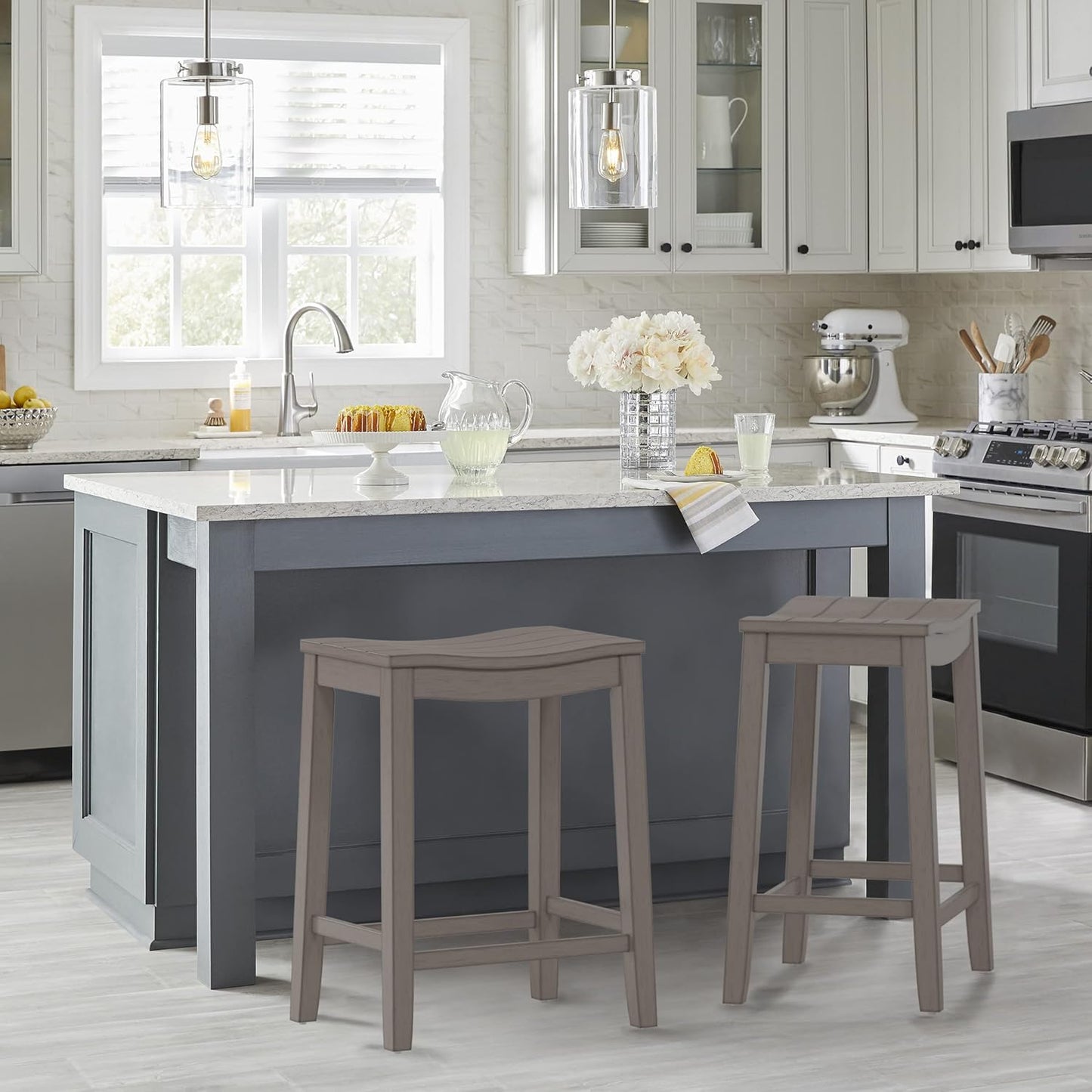 Hillsdale Fiddler Wood Backless Counter Height Stool with Saddle-Style Seat, Aged Gray