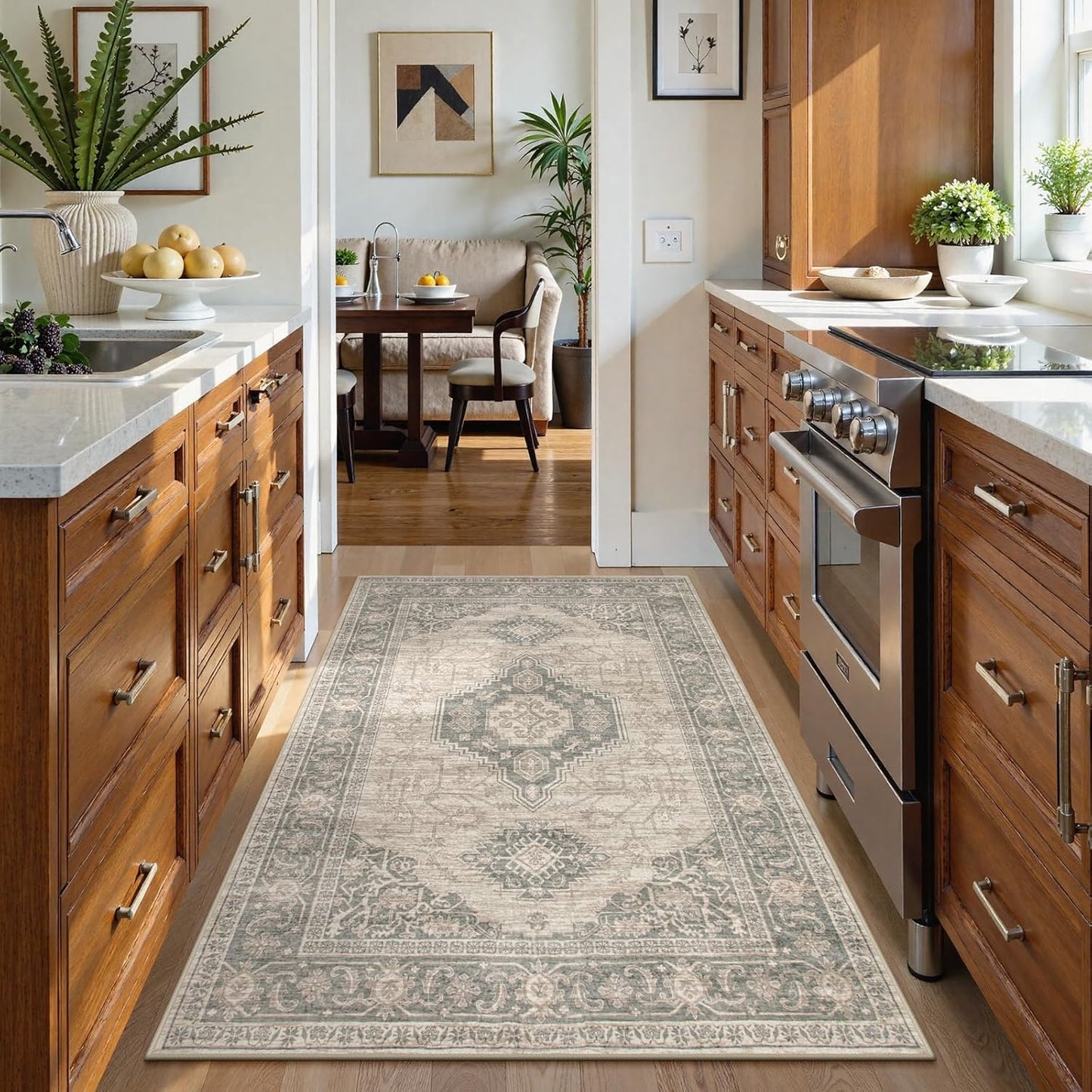 Lahome Oriental Washable Area Rug, 3x5 Soft Rugs for Bedroom Living Room, Ultra-Thin Vintage Non-Slip Throw Carpet for Kitchen Office Entryway, Grey/Brown