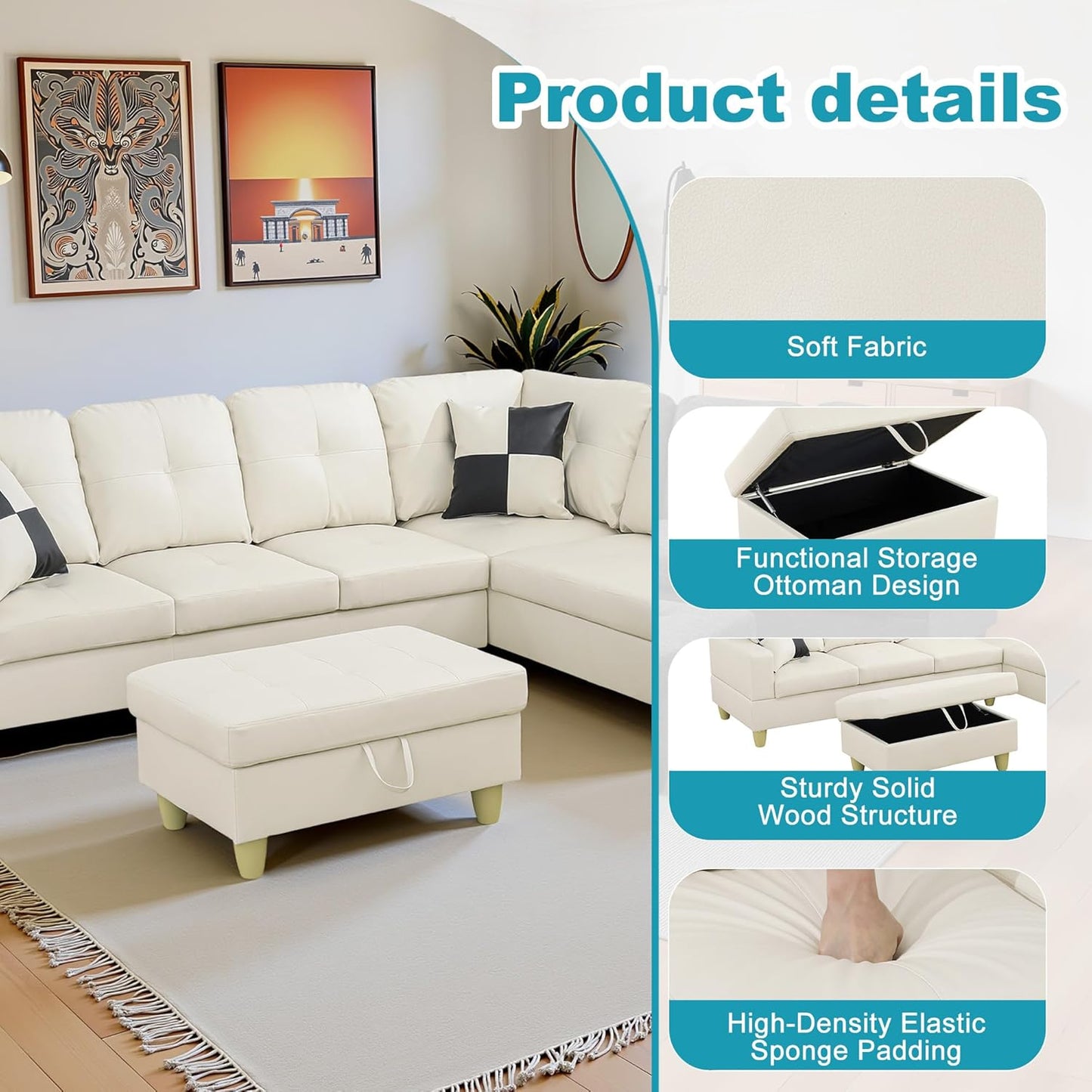 Couches for Living Room Faux Leather L Shaped Couch Comfy 3 Pieces Sectional Sofa with Chaise, Ottoman with Storage for Office and Small Apartment, White