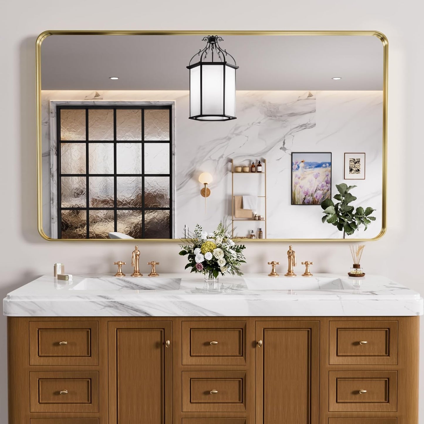 Gold Bathroom Mirror, 60x30 Inch Brushed Gold Metal Frame Mirror for Wall, Rounded Rectangle Bathroom Vanity Mirror, Tempered Glass, Anti-Rust, Horizontal/Vertical