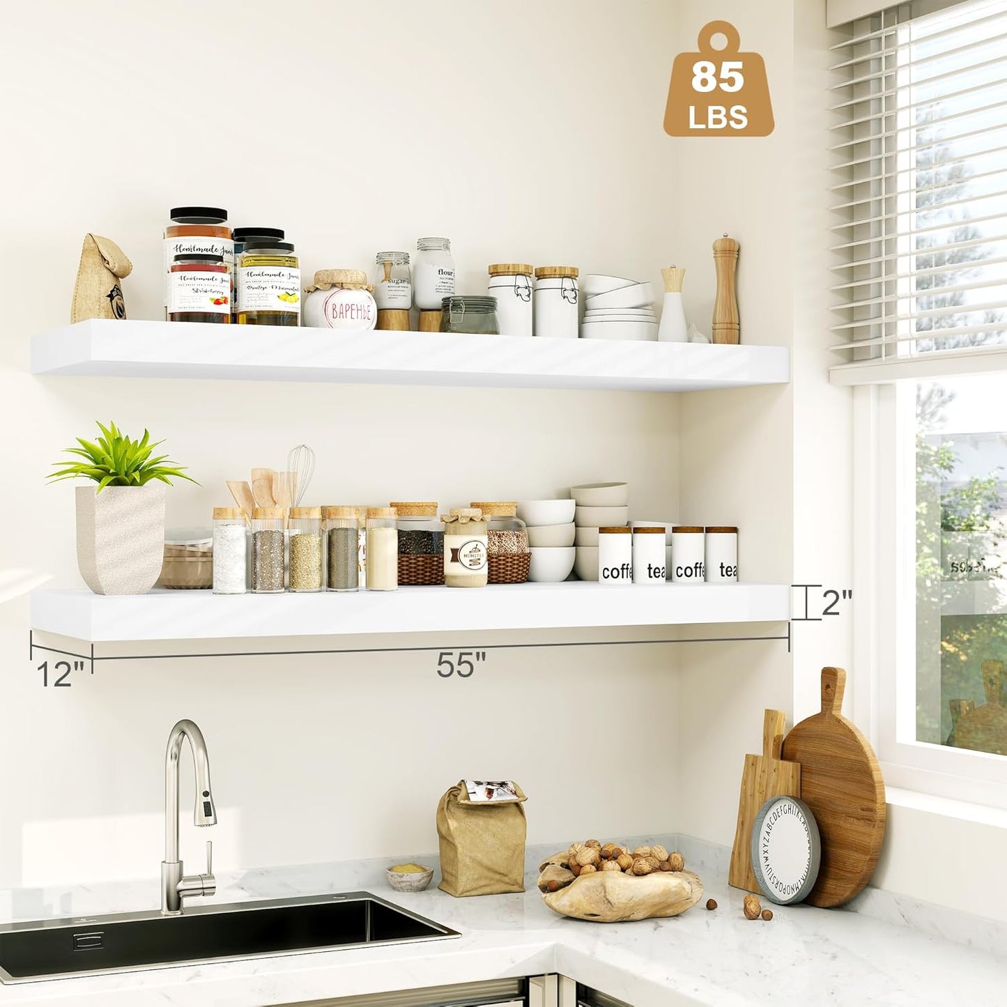 Heimlove Bathroom 12" Deep Floating Shelves for Wall Shelf Over Toilet Wall Mounted Farmhouse Long 55 inches Set of 1, Farmhouse Shelves with Invisible Brackets for Living Room, Kitchen, Bedroom,White