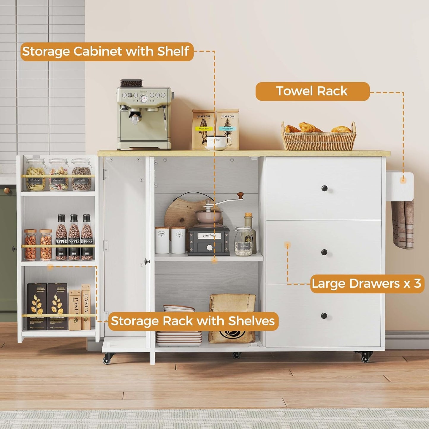 IRONCK Kitchen Island with Storage, 47.2in Rolling Island on Wheels, Kitchen Cart with Drop Leaf, 3 Spacious Drawers, Storage Cabinets and Towel Rack for Home, Dining Room