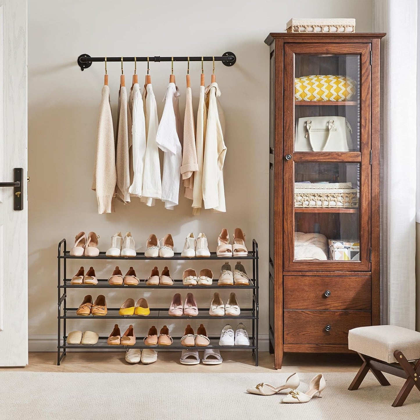 YMYNY Freestanding Shoe Racks, 2 Tiers Stackable & Adjustable Shoe Storage Shelf, Extra Large Capacity Shoe Organizer Stand for 12-18 Pairs, for Entryway, Closet, Bedroom, Black, 42.9" L, UHXJ303B