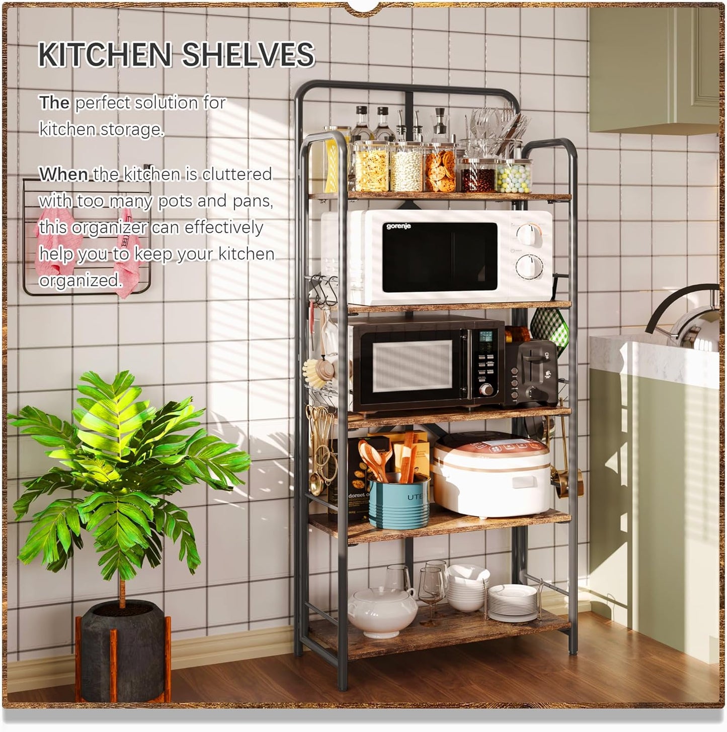 4NM No Assembly Folding Bookshelf 5 Tiers Vintage Industrial Black Book Shelf Metal Foldable Storage Bookcase and Bookshelves for Living Room,Bedroom and Kitchen - Rustic Brown