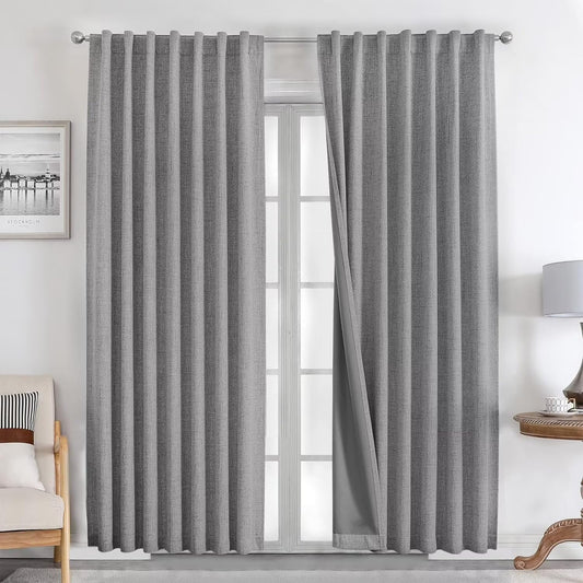 Joydeco Natural Linen Curtains 90 inch Length 2 Panels Set Burg 100% Blackout Patio Door Curtain Room Darkening Sliding Door Curtains Thermal Insulated Back tab Rod Pocket(105x90 inch, Light Grey)