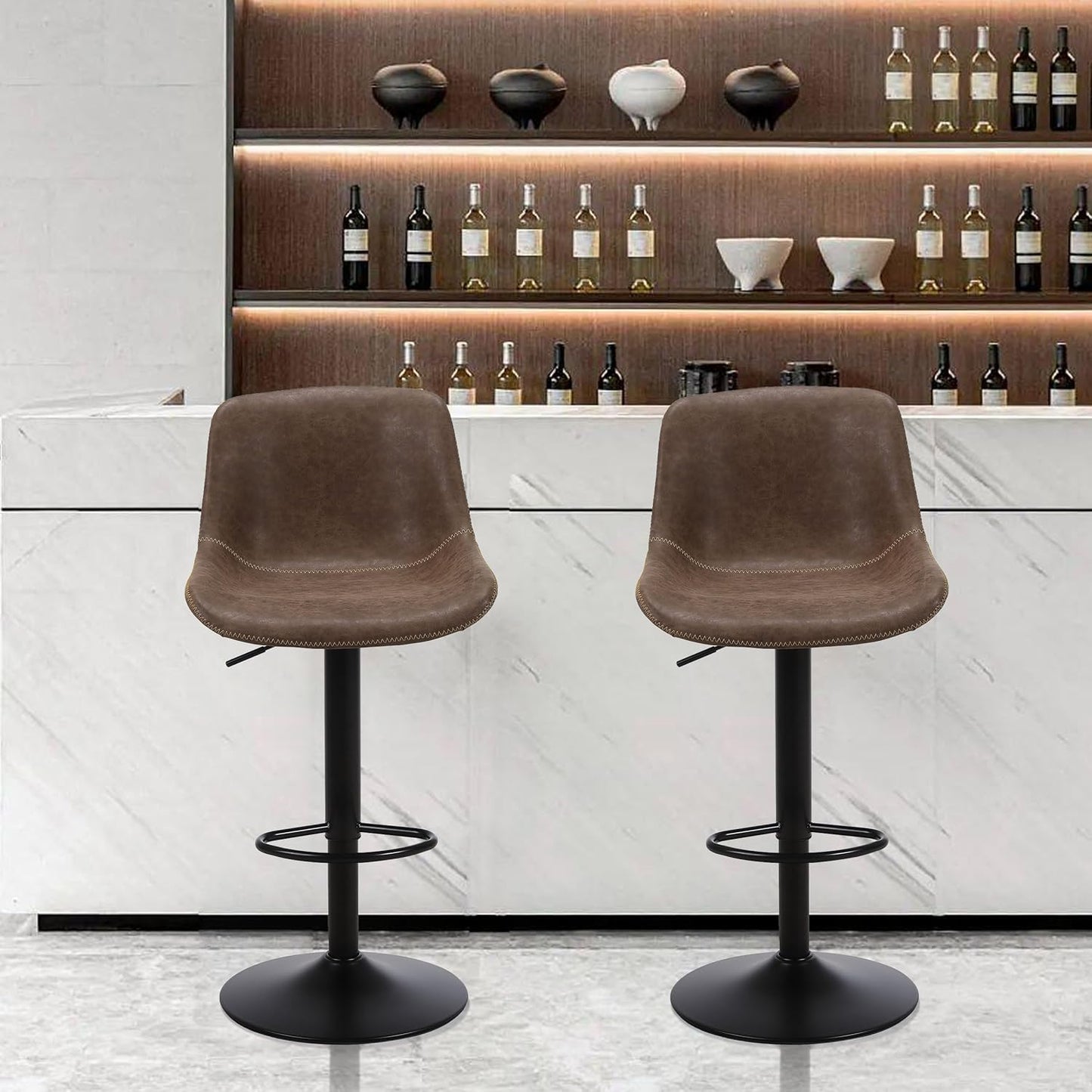 Bar Stools Set of 2, Swivel Counter Height Barstools with Back, Adjustable Modern Bar Chairs, Tall Armless PU Leather Kitchen Island Stool, Brown