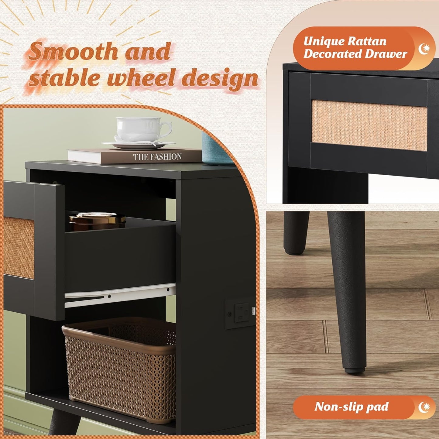 WLIVE Rattan Nightstands Set of 2 with Charging Station, Boho Nightstand, Wood Side Table, Small End Table with Drawers for Bedroom, Black