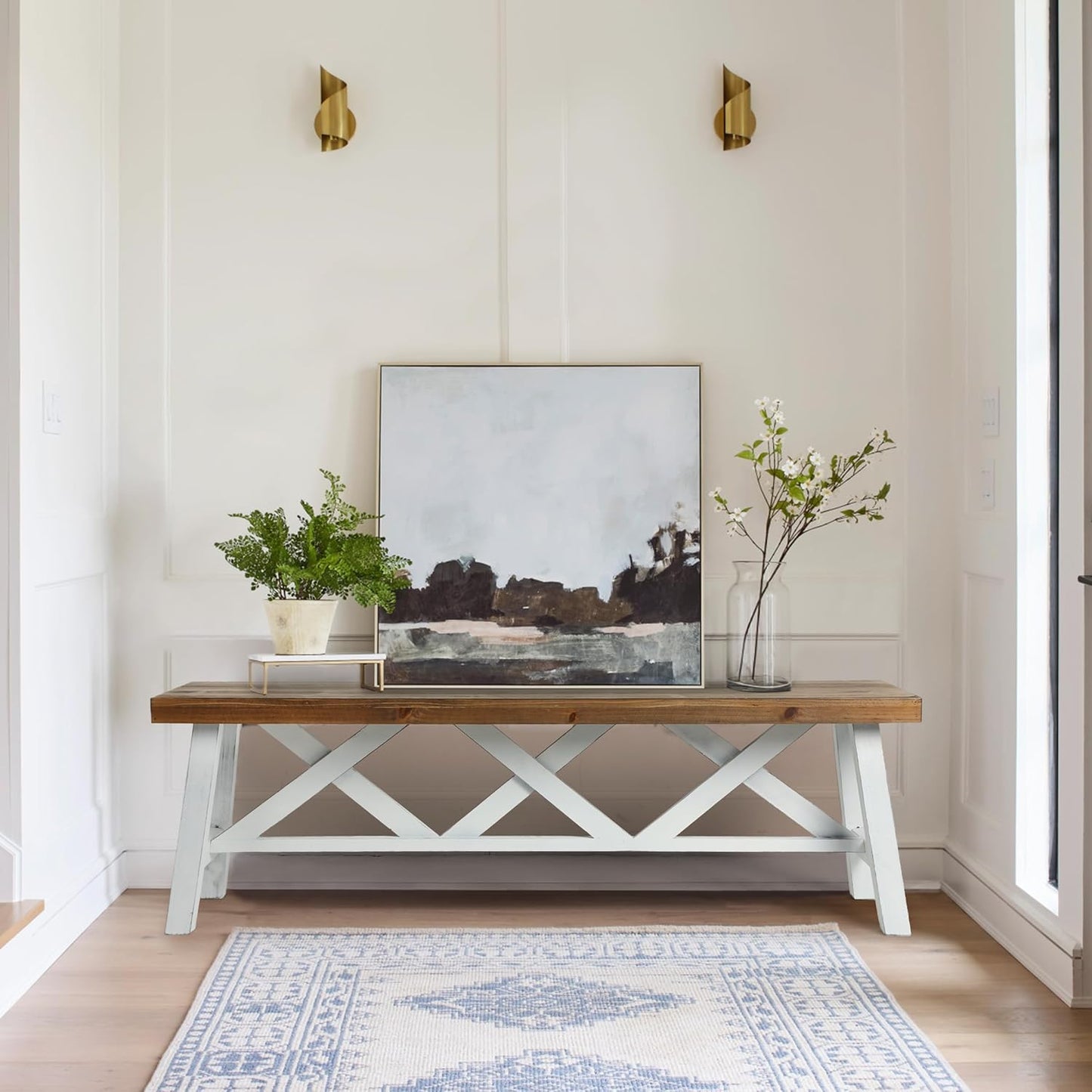 Wnutrees 54" Farmhouse Wood Bench, Rustic Solid Wood Entryway Bench Seat with Double X-Structure for Dining Room, Living Room, Hallway, Structural Stability, White