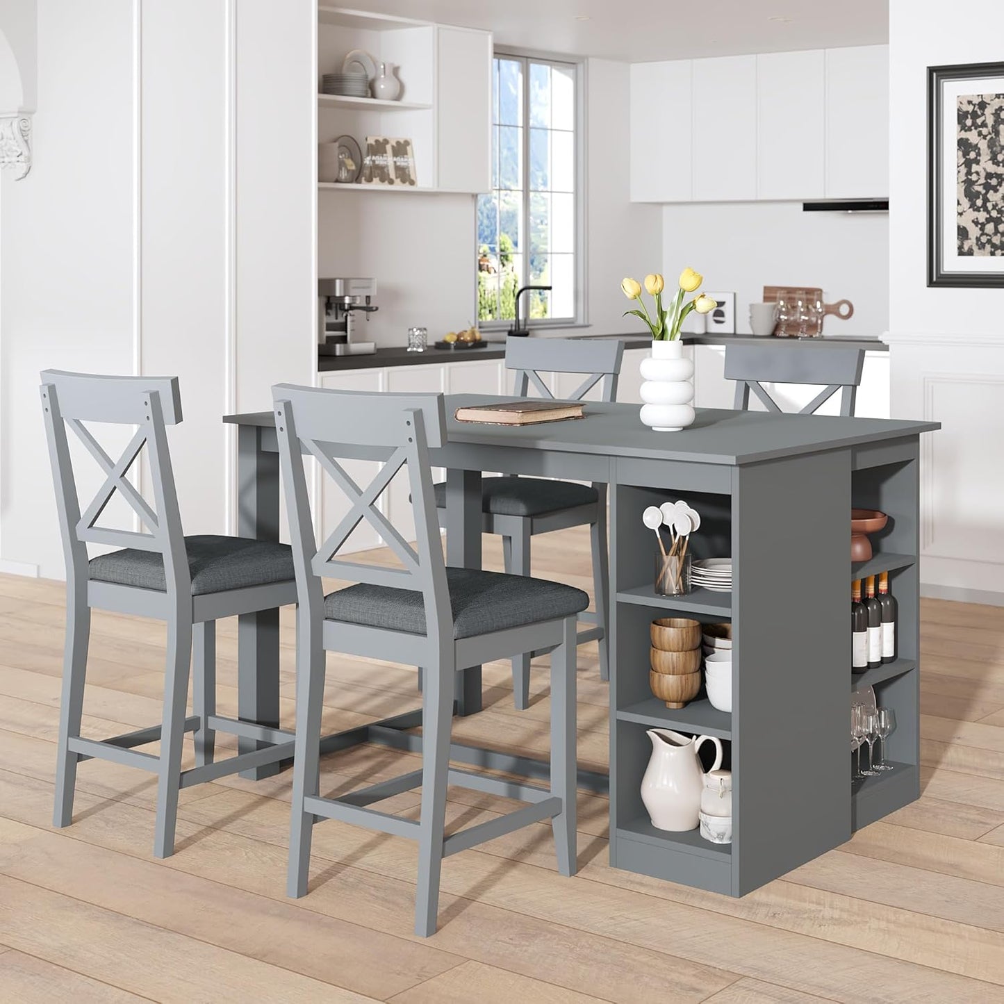 Merax 5 Piece Solid Wood Farmhouse Counter Height Dining Table Set with 3-Tier Storage Shelves,and 4 Upholstered Dining Chairs,Gray