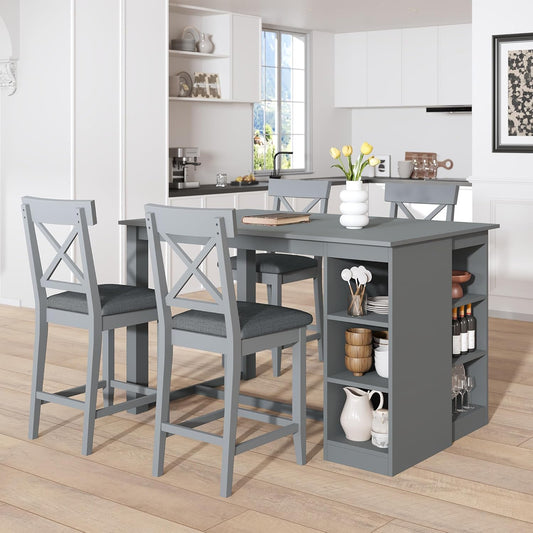Merax 5 Piece Solid Wood Farmhouse Counter Height Dining Table Set with 3-Tier Storage Shelves,and 4 Upholstered Dining Chairs,Gray