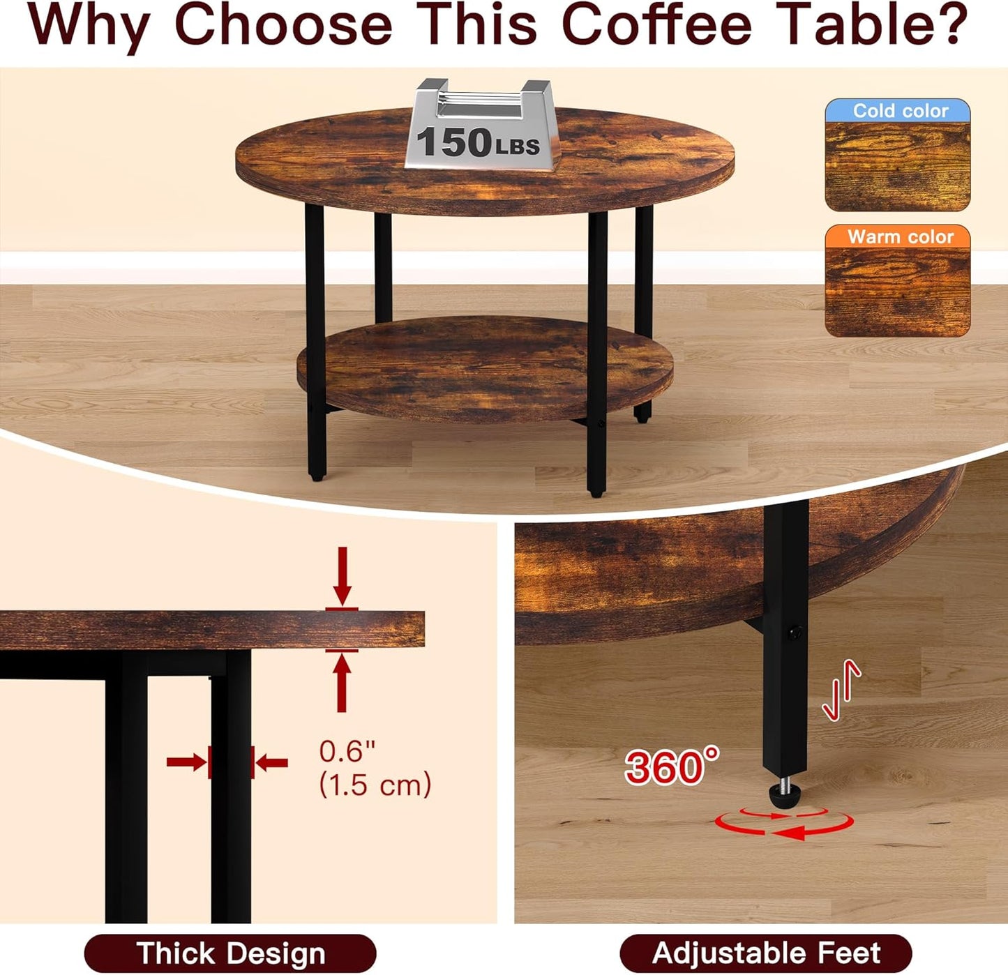 Coffee Table, 2 Tier Coffee Tables for Living Room, Round Coffee Table with Storage, Floor Table for Bedroom, Home Office, Rustic Brown (27.6" D x 17.7" H)