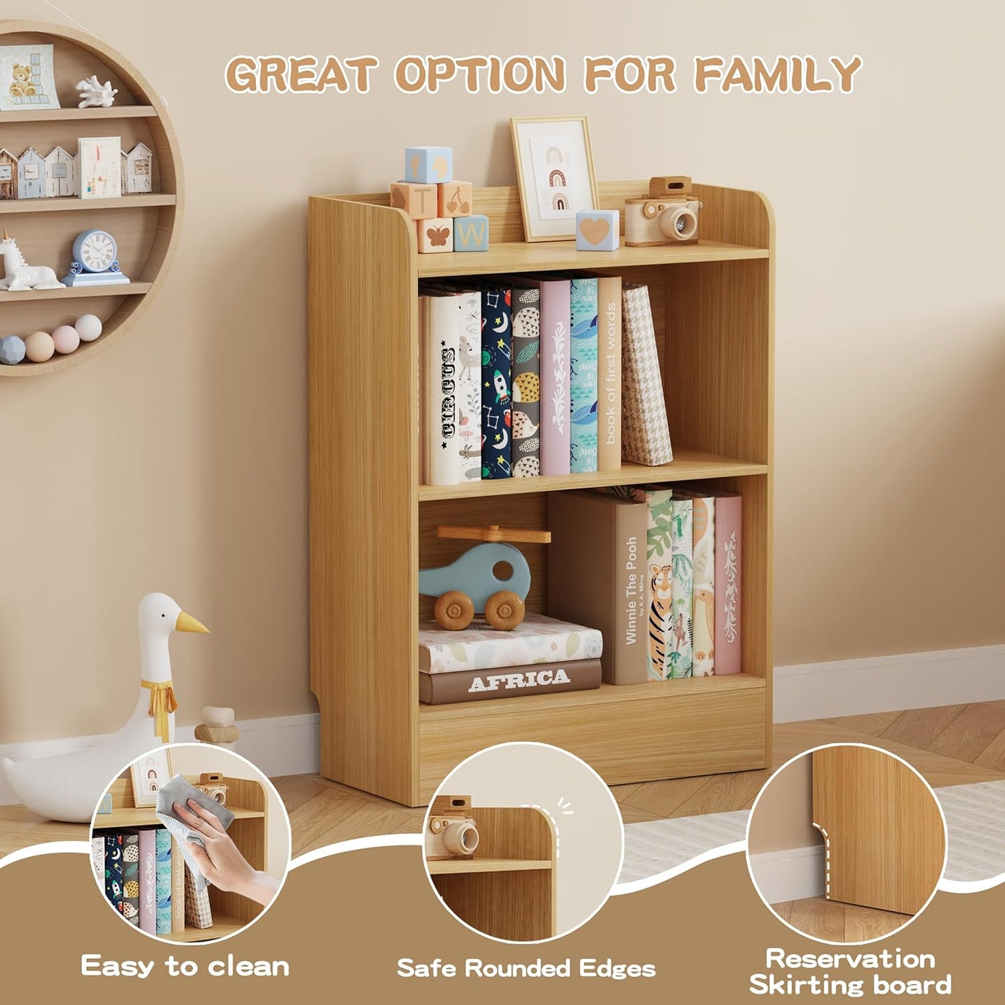 Lkeiyay Kids Bookshelf and Toy Storage Organizer, 3-Tier Wood Montessori Shelf for Bedroom, Playroom, Nursery, Classroom (Natural)