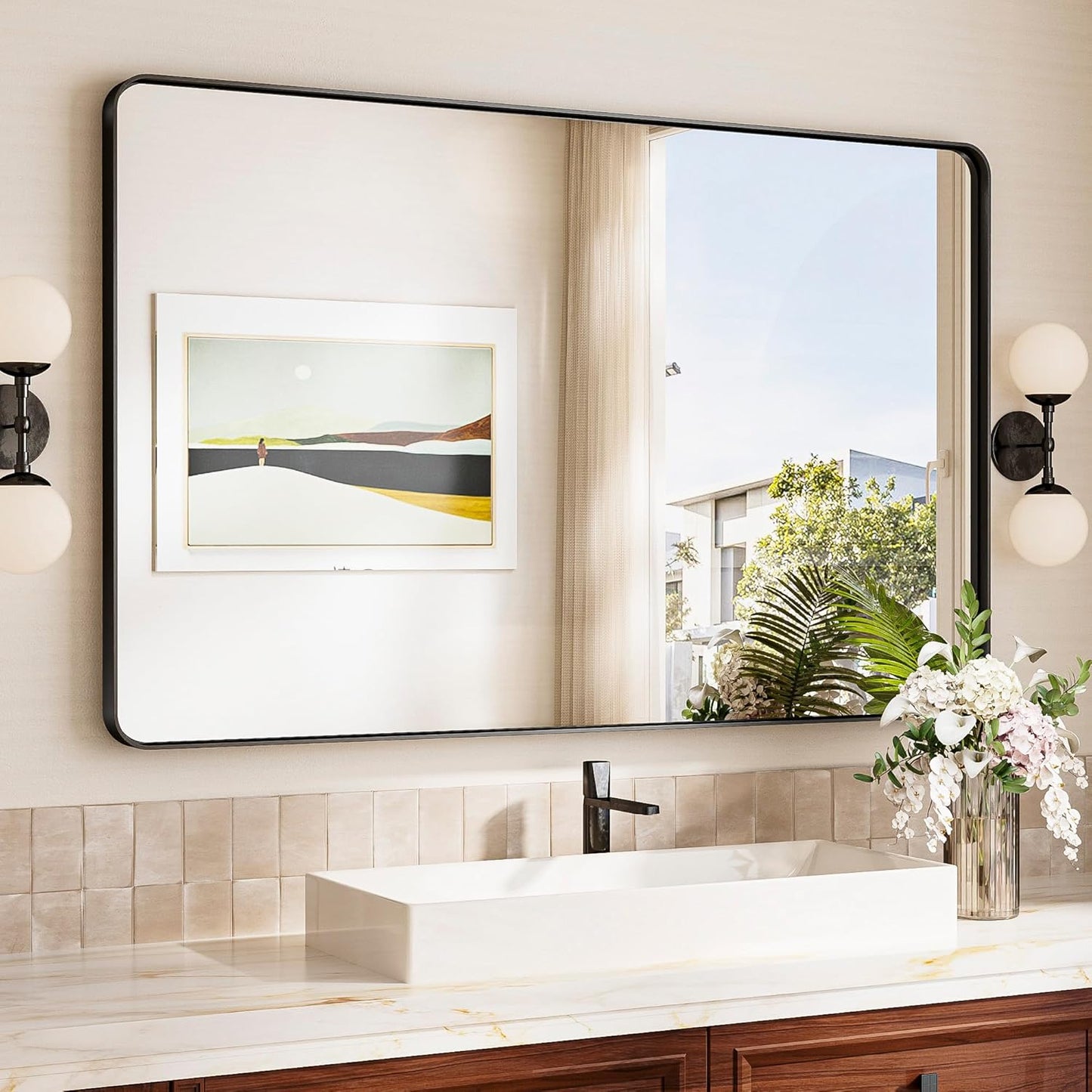 TokeShimi 48x30 Wall Mirror for Bathroom,Matte Black Bathroom Vanity Mirror Modern,Tempered Glass,Large Bathroom Mirror Rectangle,Metal Framed Bathroom Mirror(Horizontal/Vertical)