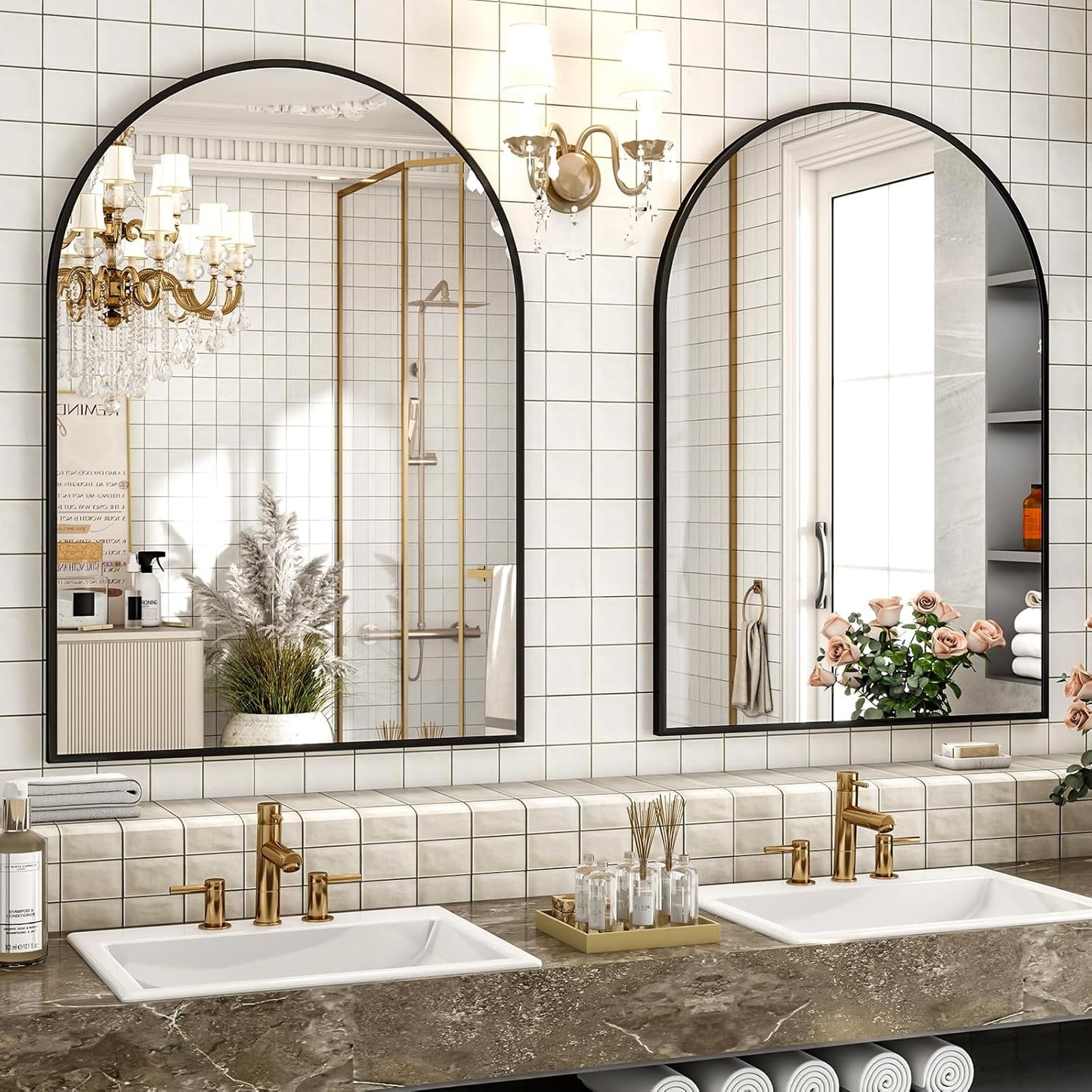 30x38 Inch Arched Bathroom Mirror - Black Metal Frame Wall Mounted Vanity Mirror for Bathroom, Bedroom, Living Room, Hanging or Leaning Decorative Mirror