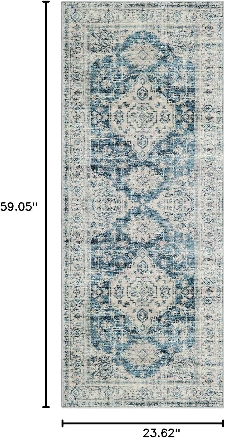 Lahome Oriental Kitchen Runner Rug Non Slip, 2x5 Washable Hallway Runner with Rubber Backing, Vintage Hallway Rug Ultra-Thin Soft Carpet for Bedroom Bathroom, Blue