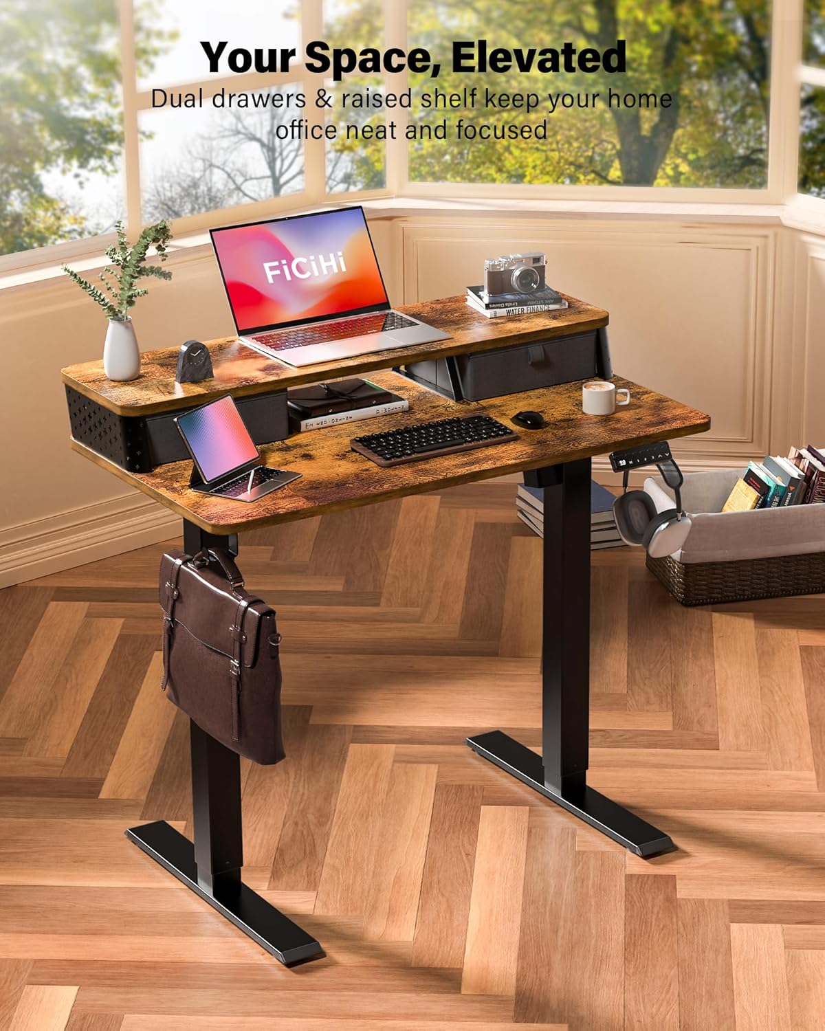 35x20 Inch Standing Desk with Double Drawers,C-Clamp Mount Compatible,Electric Adjustable Height Computer Stand Up Desks, Home Office Sit Stand Table with 3 Preset Heights & Hooks, Rustic Brown