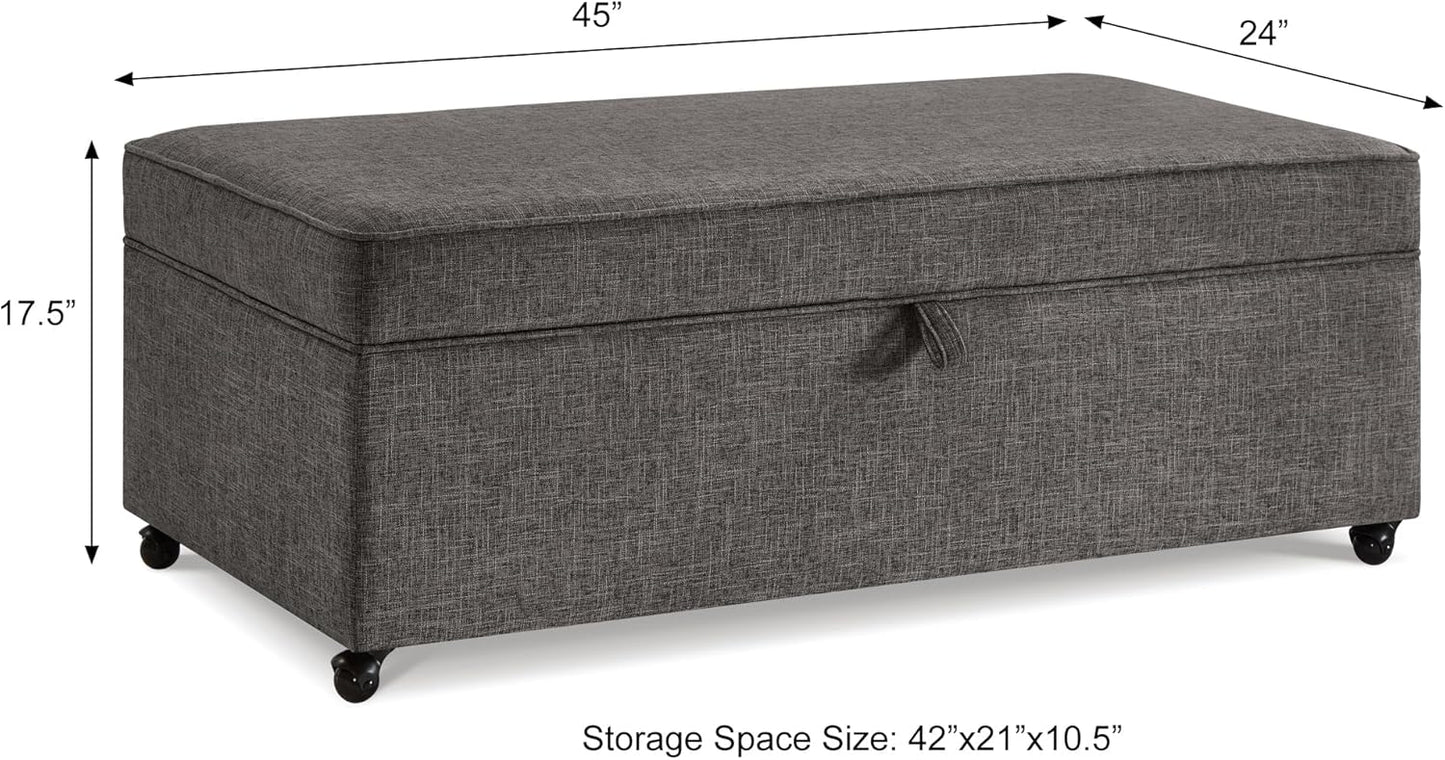 45" Modern Sofa Ottoman with Storage,Linen Upholstered Storage Bench with Rotation Casters and Safety Hinge, for Living Room,Charcoal Grey