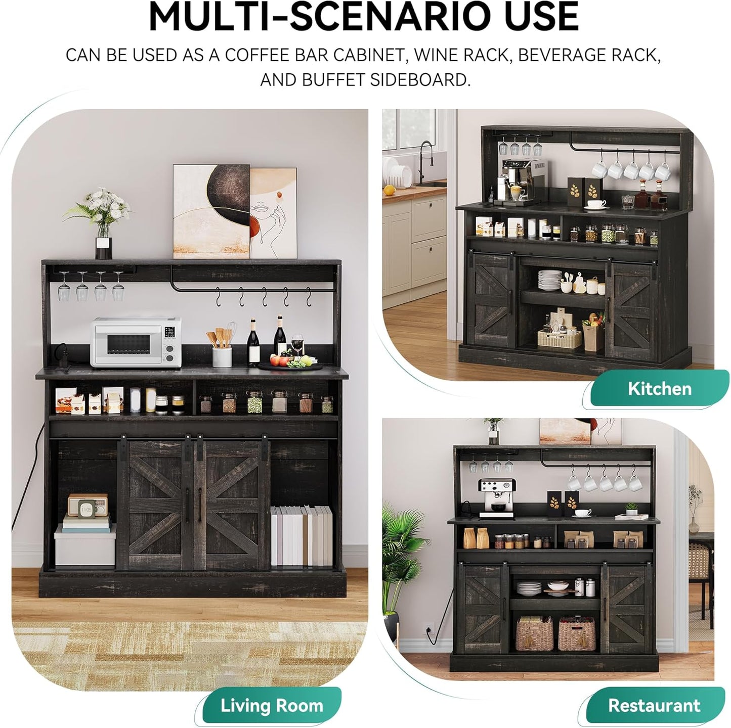 YITAHOME Buffet Cabinets with Upper Rack, Farmhouse Coffee Bar Cabinet with Power Outlet & Goblet Holder, 47 Inch Sideboard Cabinets with Sliding Barn Door for Kitchen, Living Room (Dark Rustic Oak)