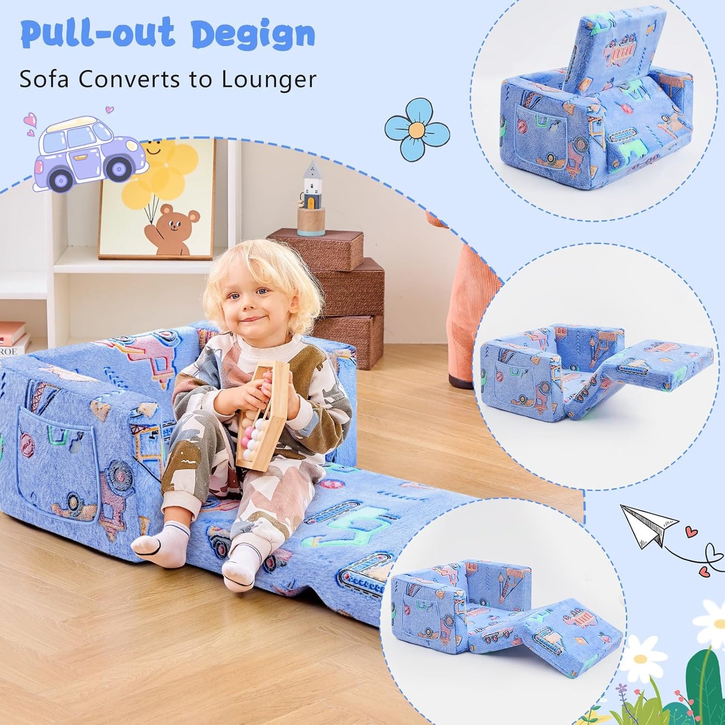 Toddler Chair Comfy,2-in-1 Soft Toddler Couch Fold Out for Kids,Convertible Sofa to Lounger,Gift for Girls and Boys Birthday,Truck