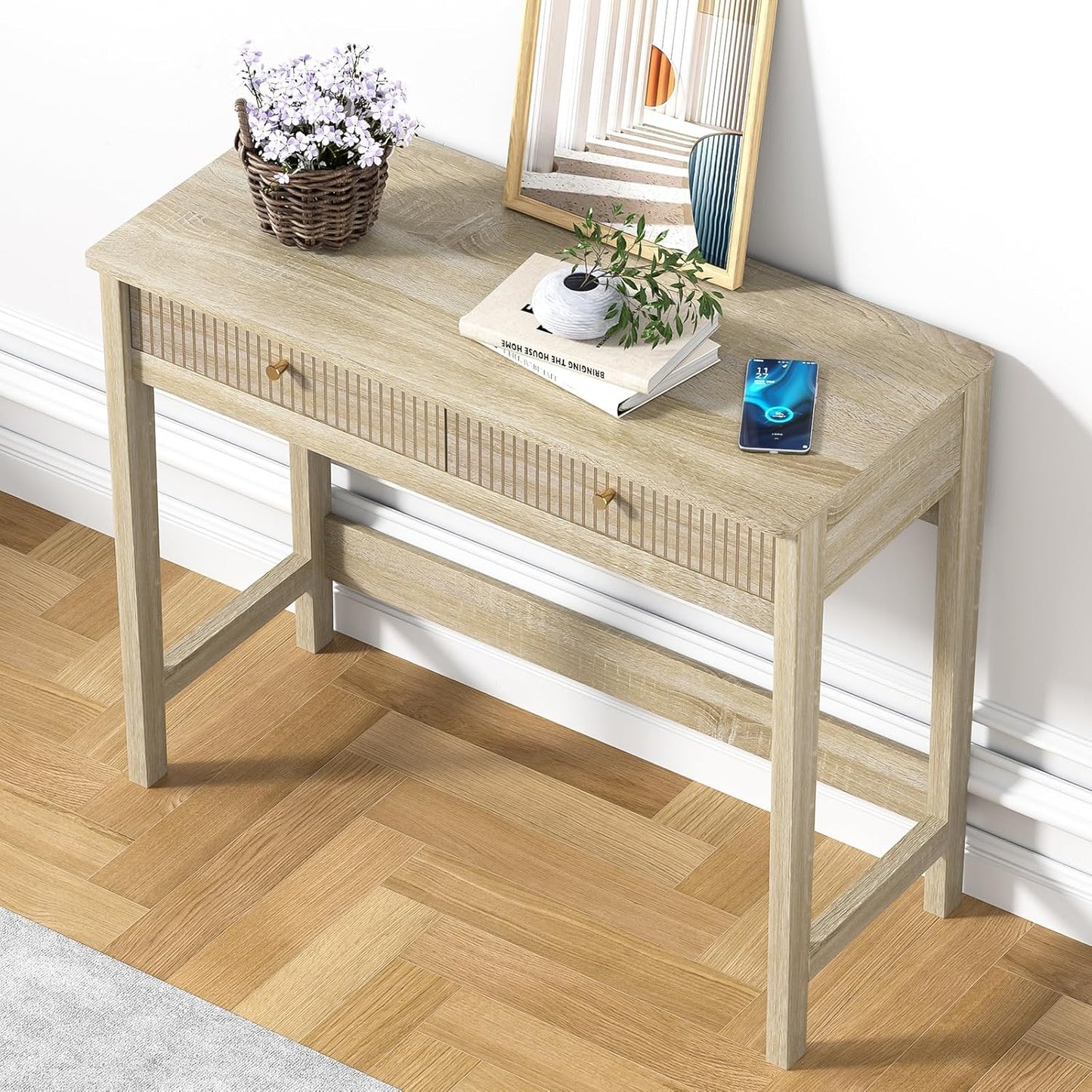 Fluted Writing Desk with Drawers, Makeup Vanity Desk for Bedroom, 40 Inch Home Office Computer Desk with Storage Drawers, Small Console Table