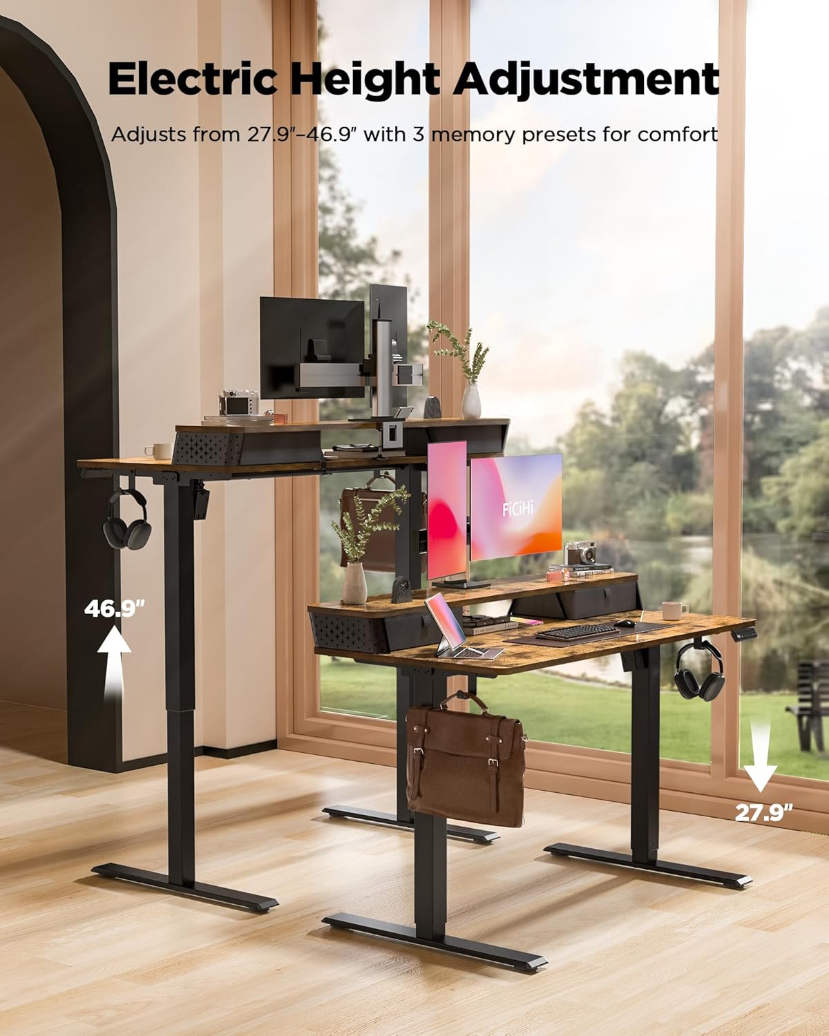 40x24 Inch Standing Desk with Double Drawers,C-Clamp Mount Compatible,Electric Adjustable Height Computer Stand Up Desks, Home Office Sit Stand Table with 3 Preset Heights & Hooks, Rustic Brown