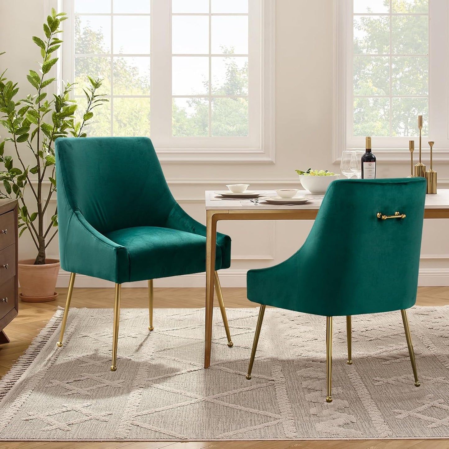 Velvet Dining Chairs Set of 2, Furniture Collection Modern Contemporary Upholstered with Polished Gold Metal Legs(Green)
